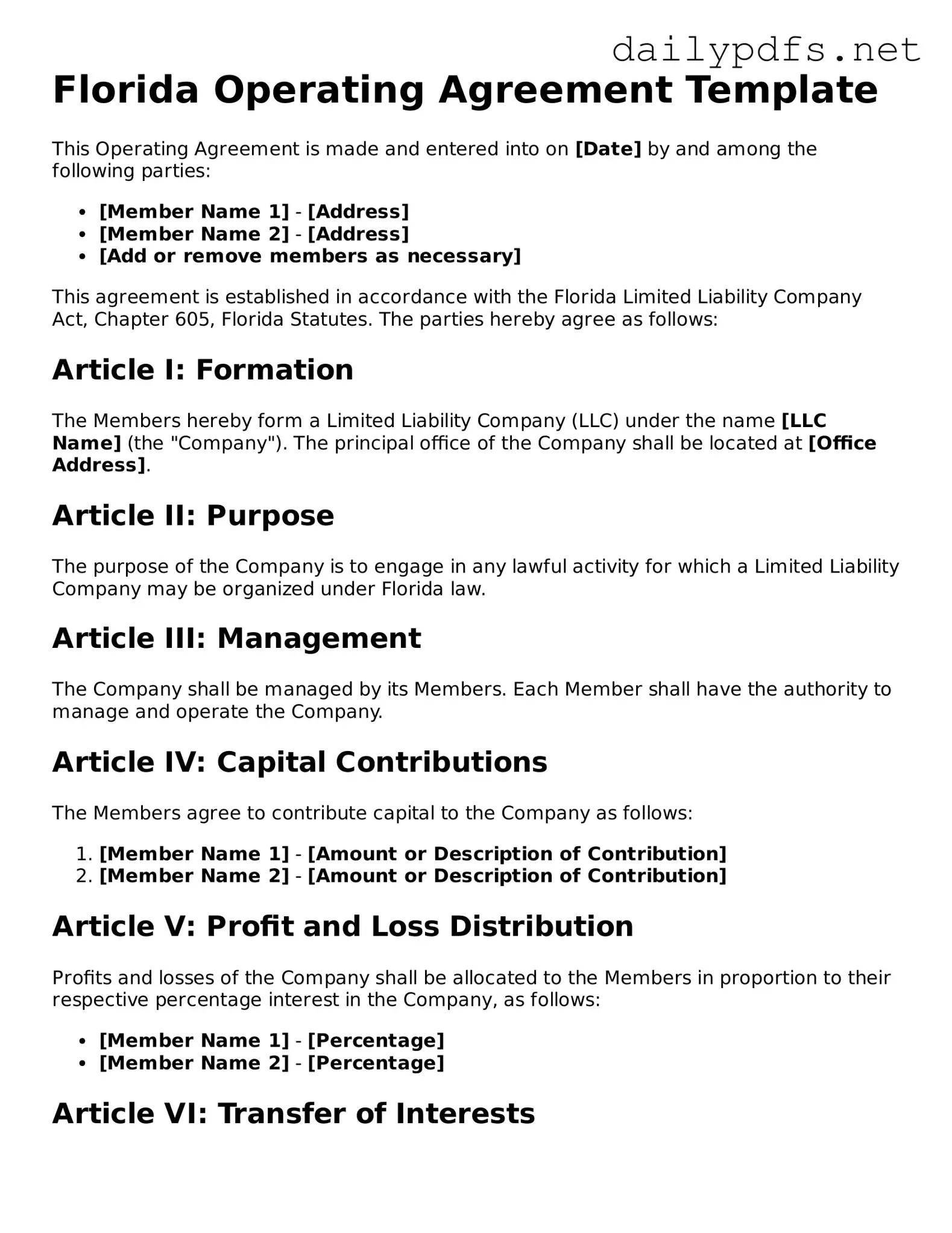Free  Operating Agreement Template for Florida