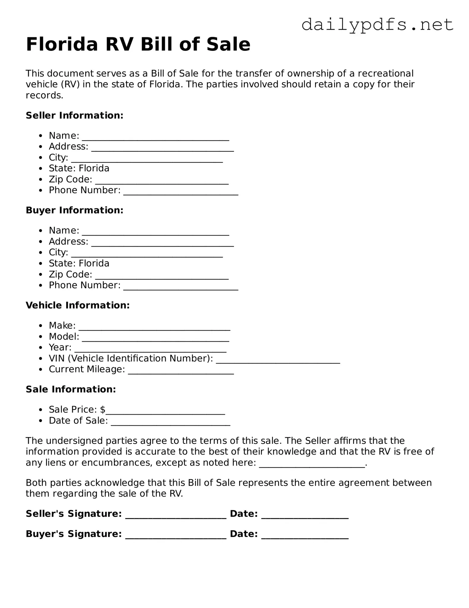 Free  RV Bill of Sale Template for Florida
