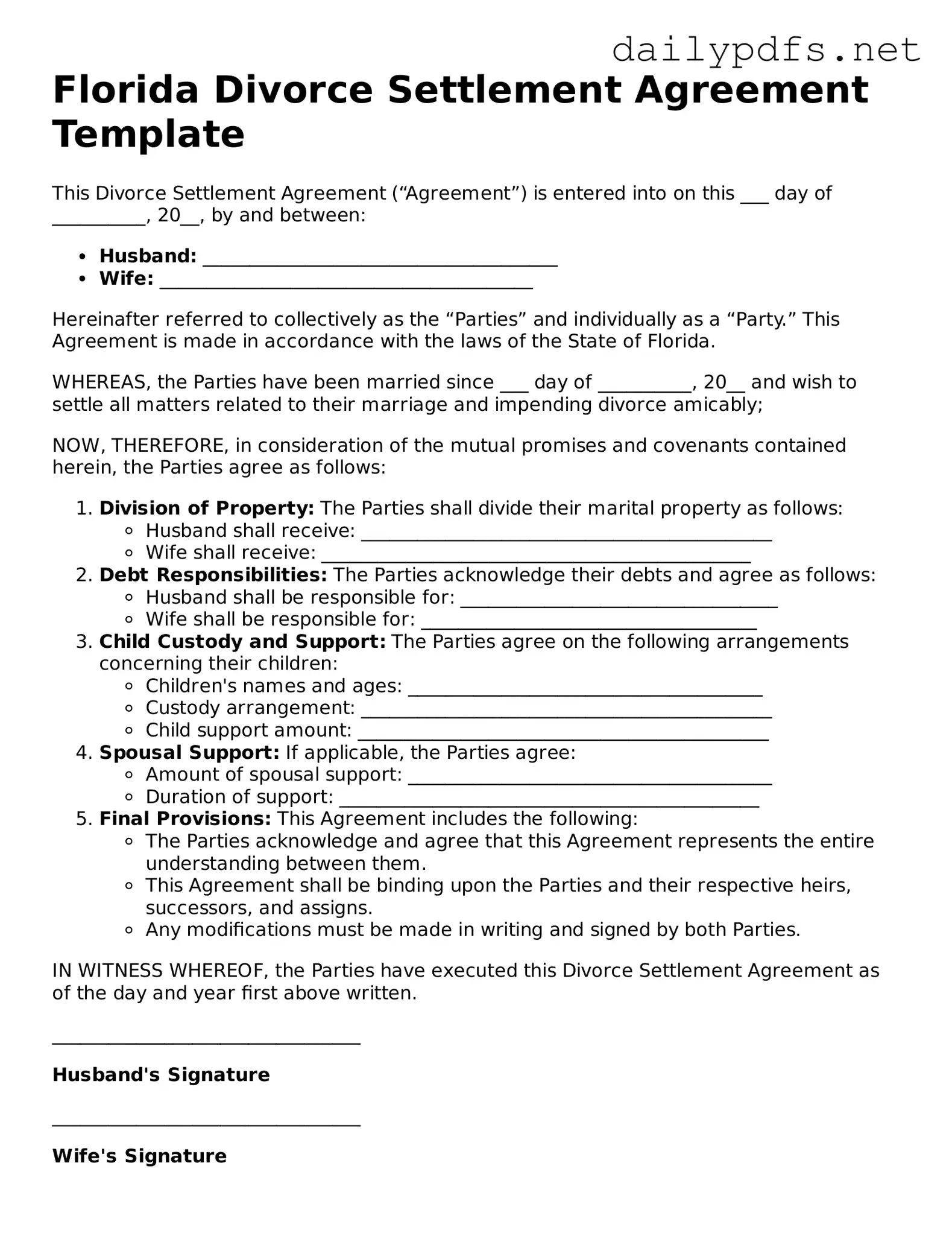 Free  Divorce Settlement Agreement Template for Florida