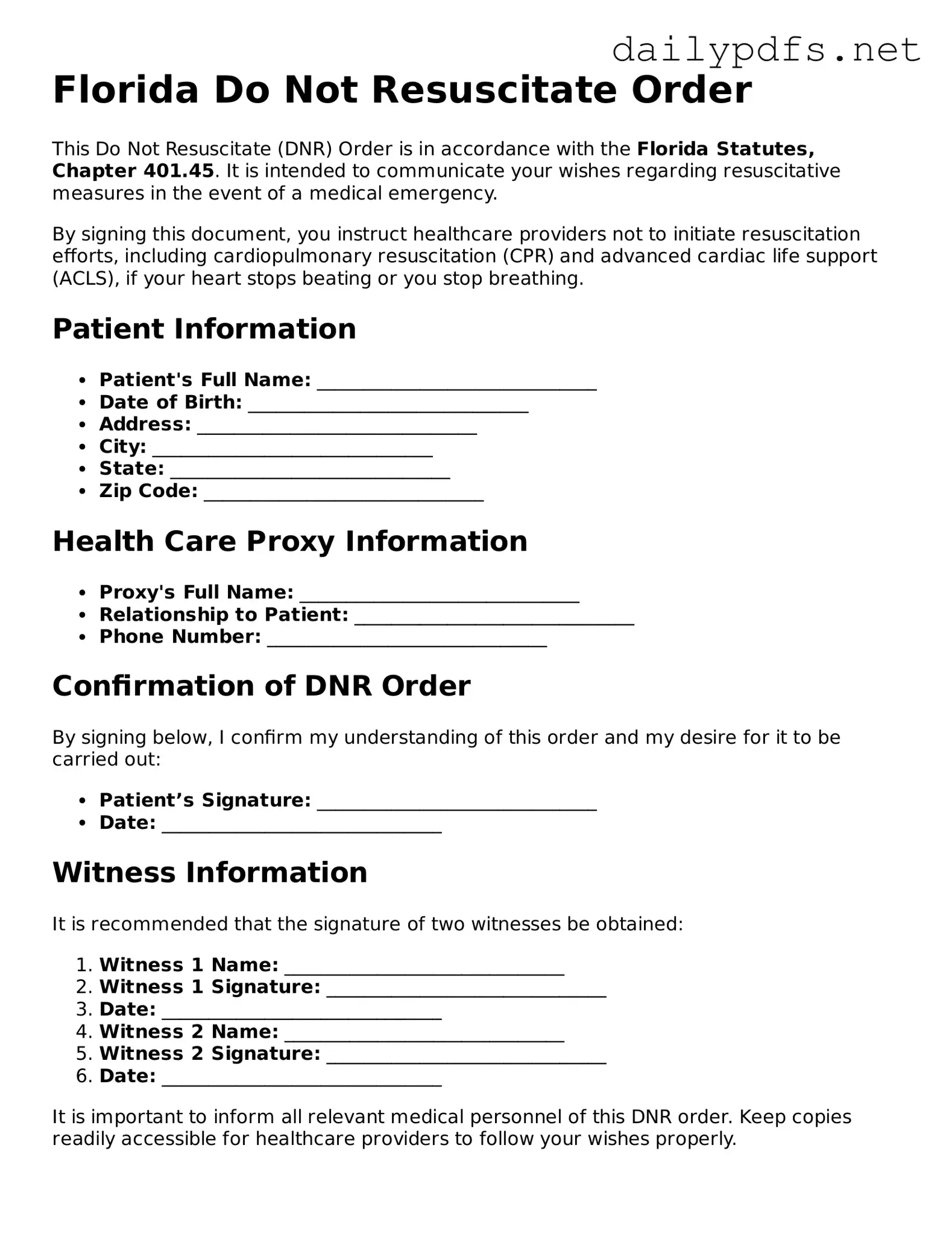 Free  Do Not Resuscitate Order Template for Florida