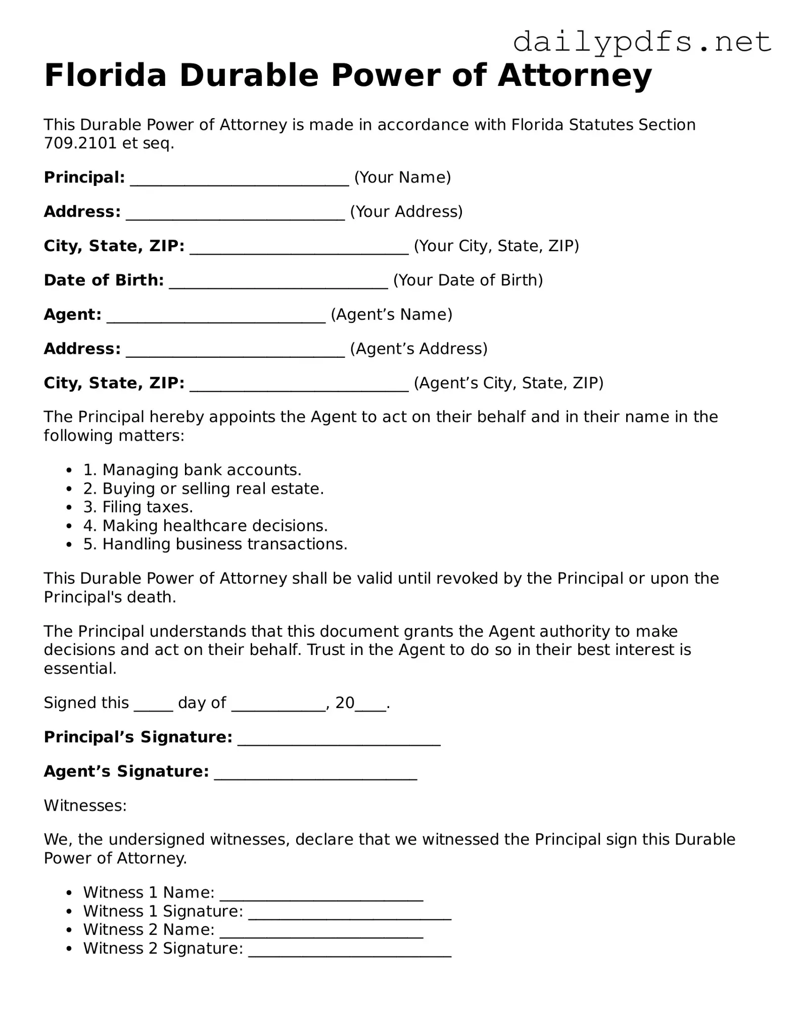 Free  Durable Power of Attorney Template for Florida