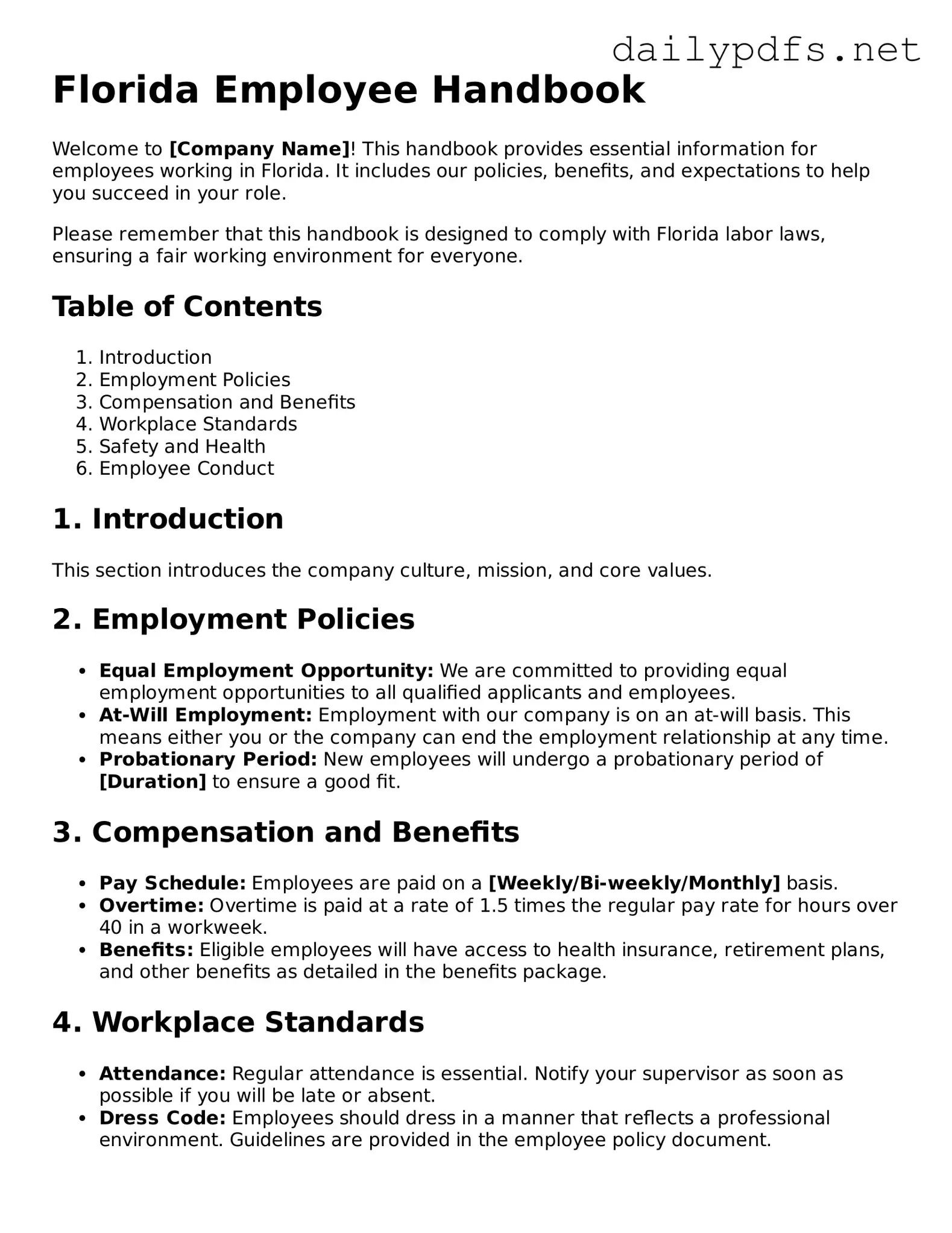 Free  Employee Handbook Template for Florida