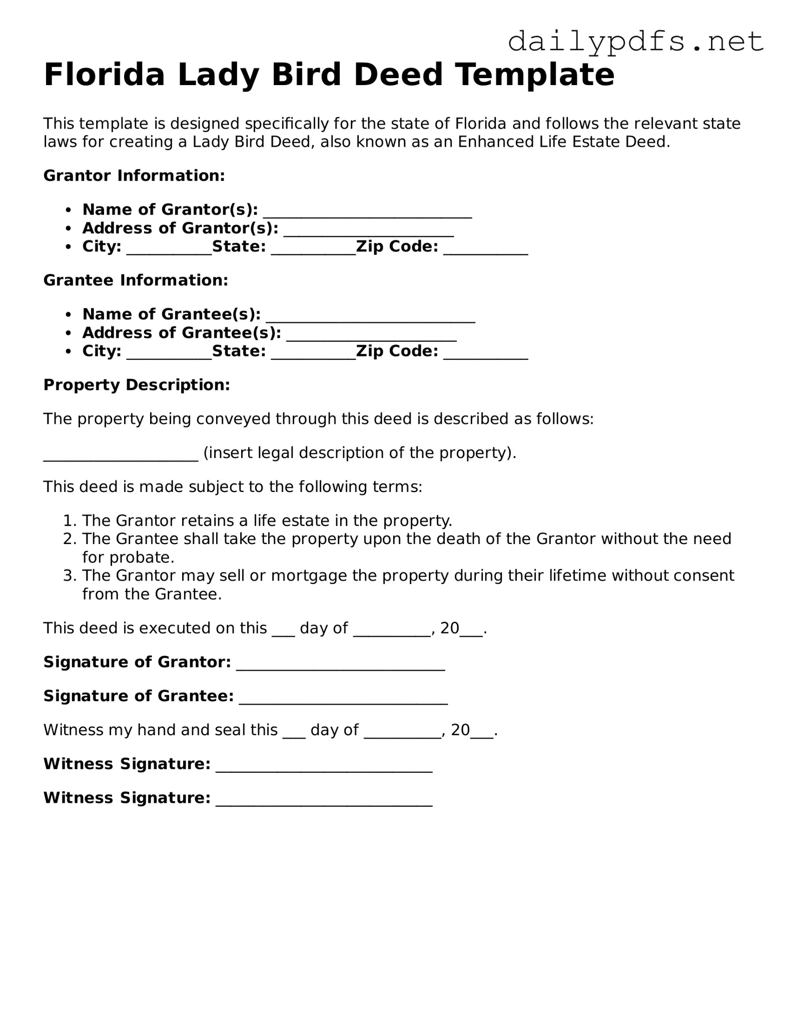 Free  Lady Bird Deed Template for Florida