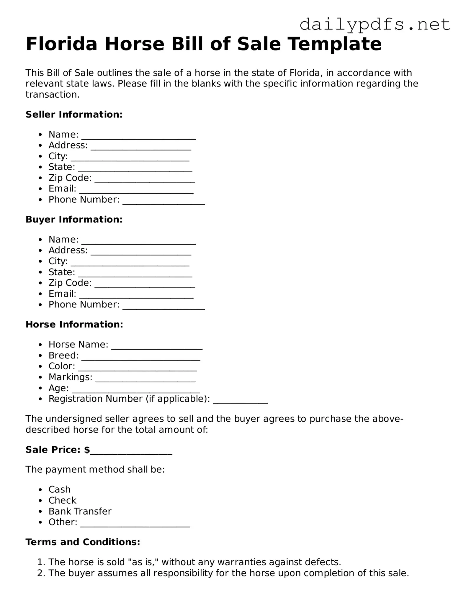 Free  Horse Bill of Sale Template for Florida