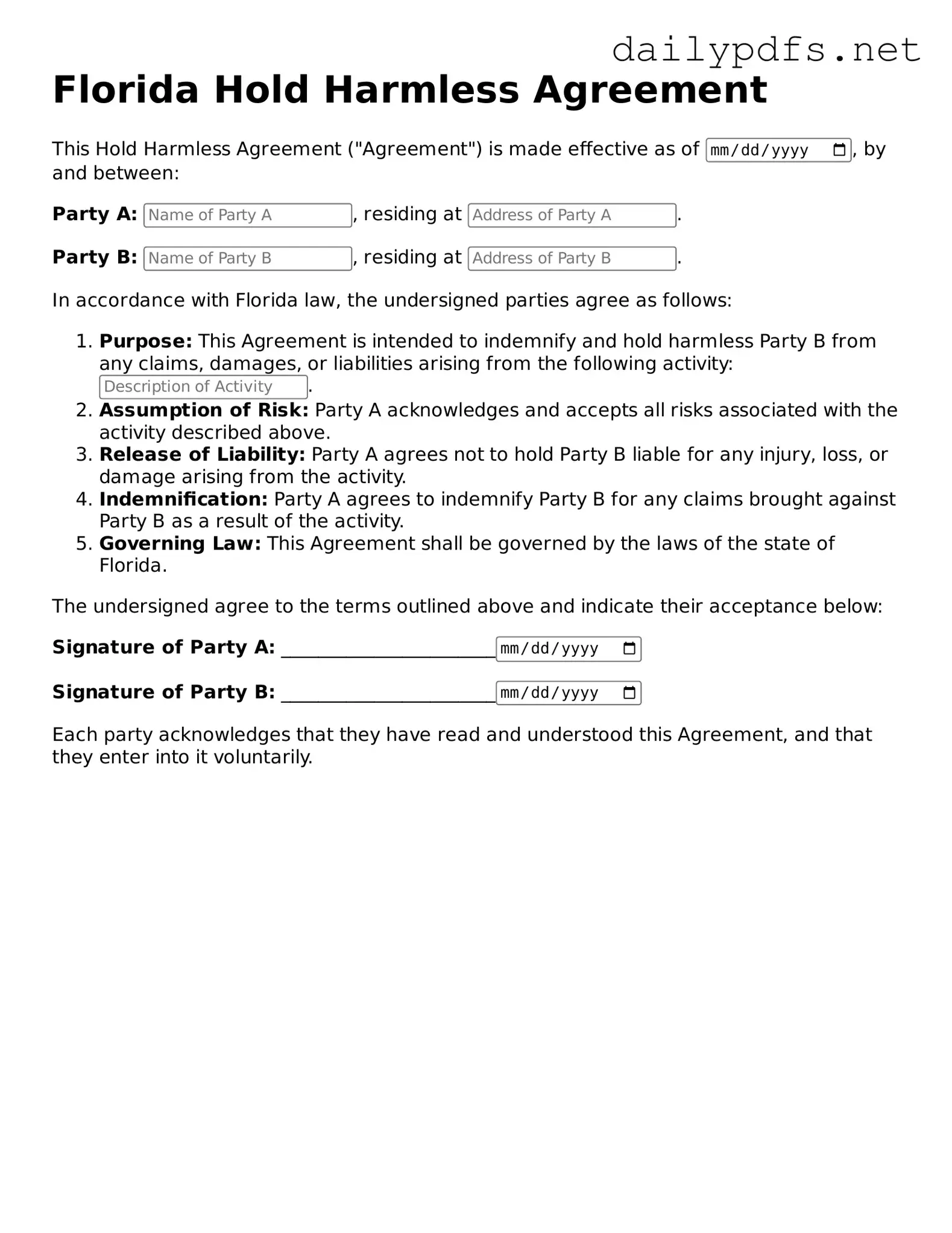 Free  Hold Harmless Agreement Template for Florida