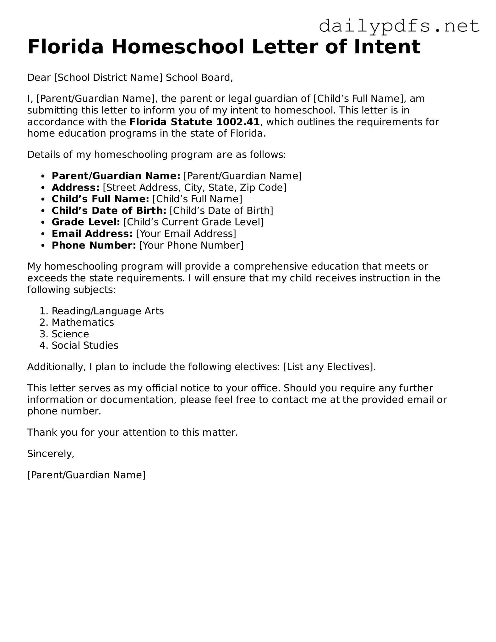Free  Homeschool Letter of Intent Template for Florida