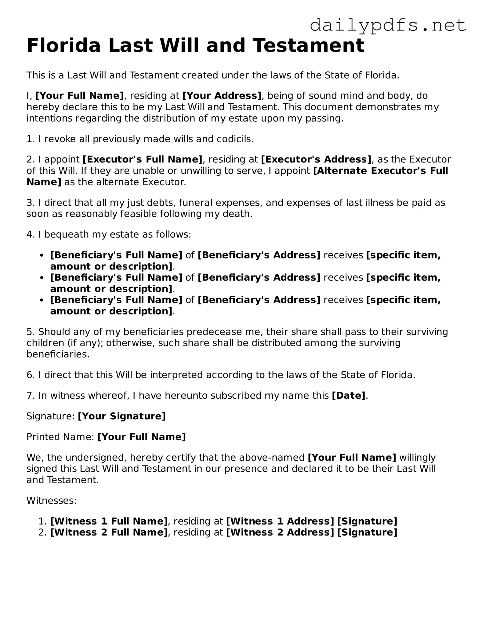 Free  Last Will and Testament Template for Florida