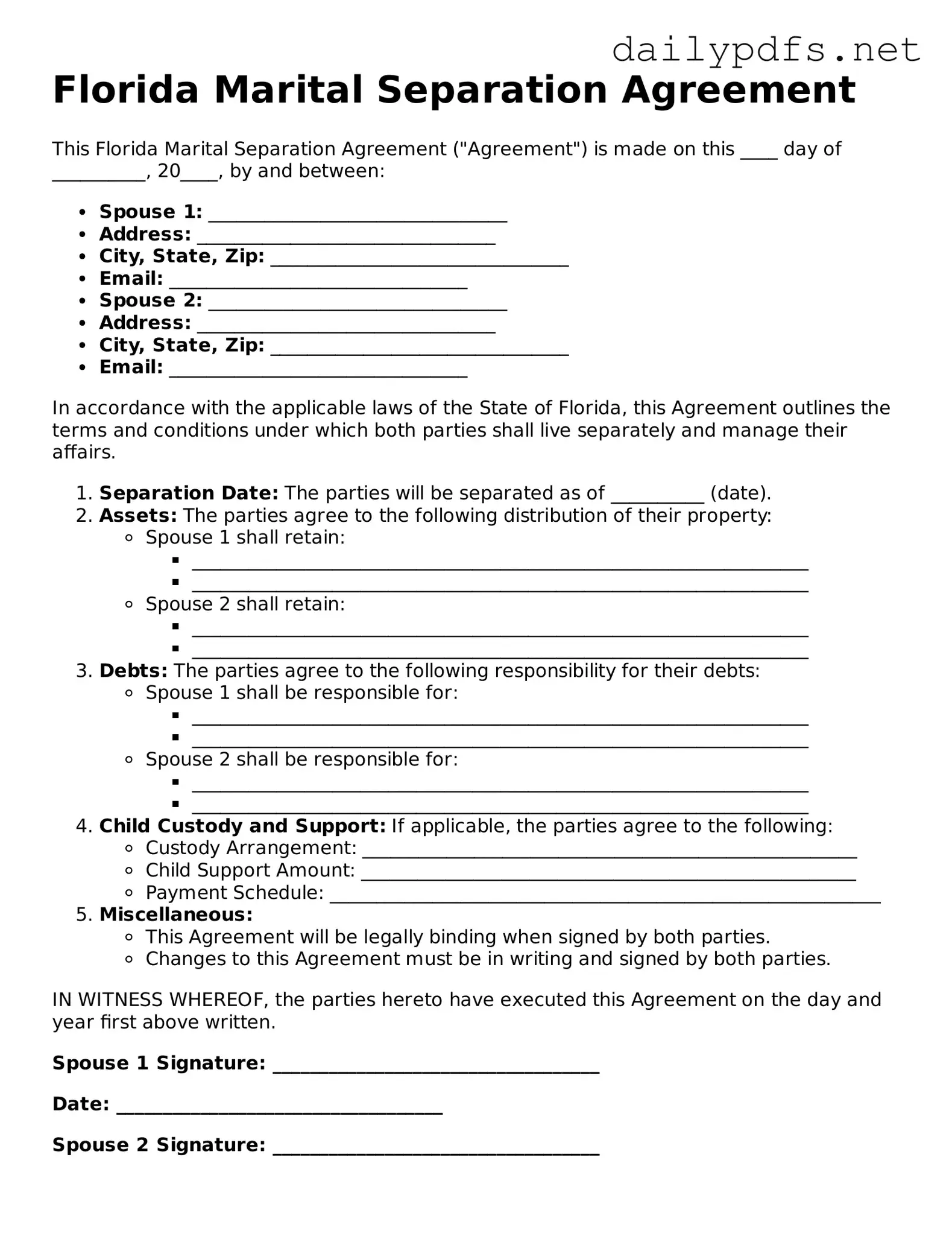 Free  Marital Separation Agreement Template for Florida