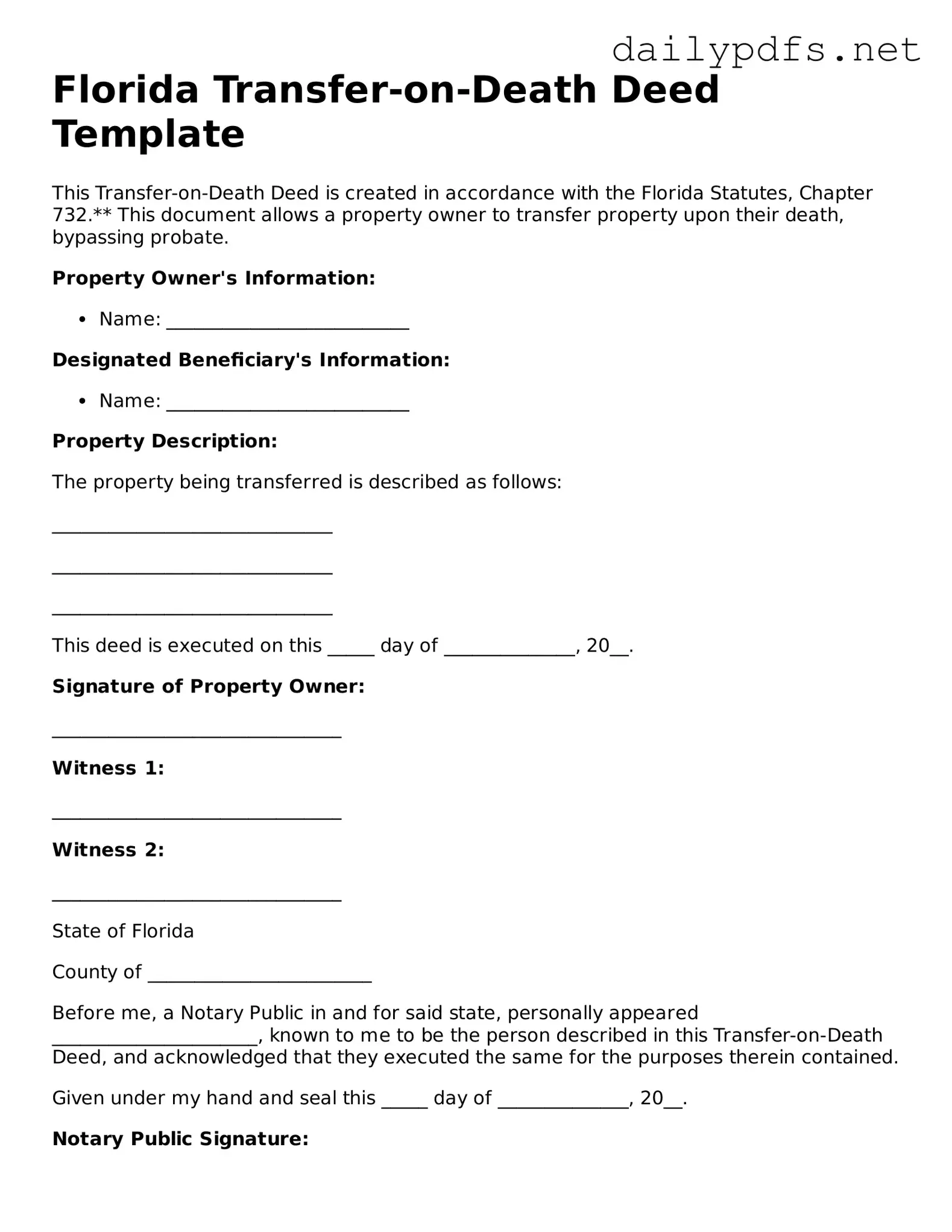 Free  Transfer-on-Death Deed Template for Florida