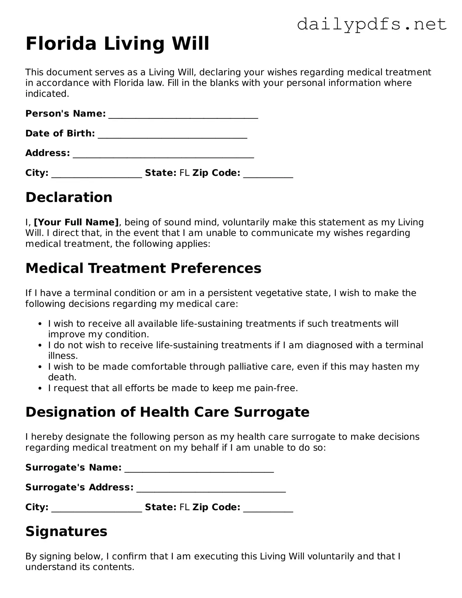 Free  Living Will Template for Florida