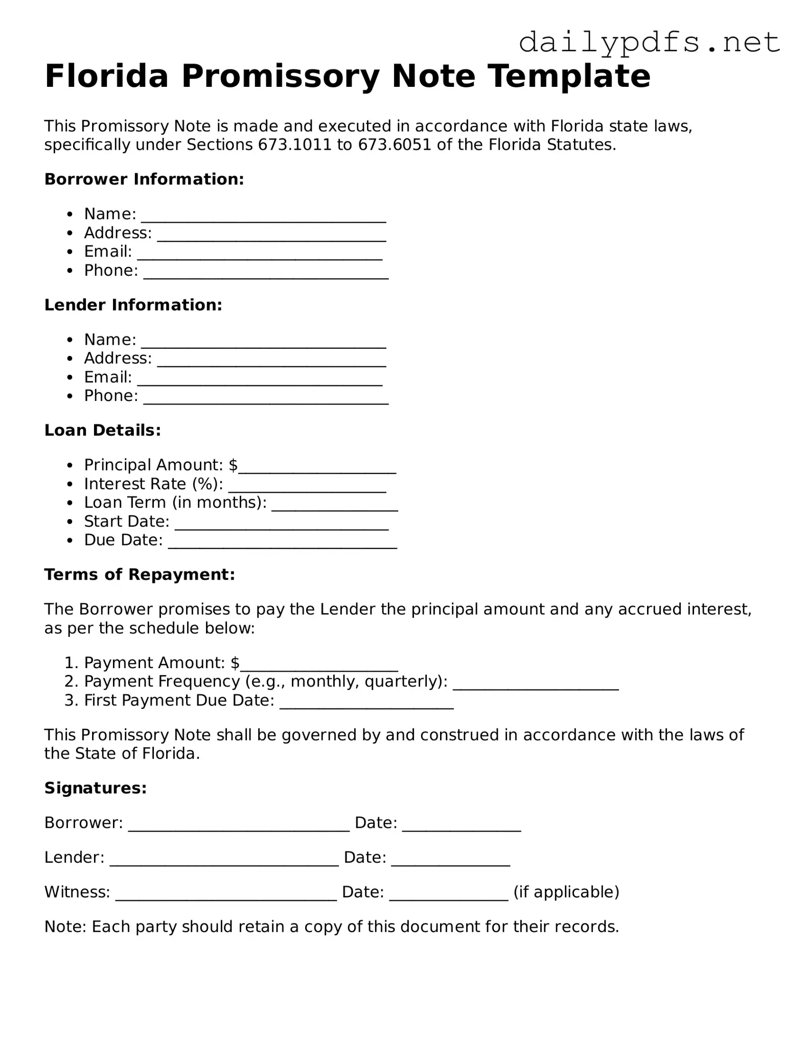 Free  Promissory Note Template for Florida