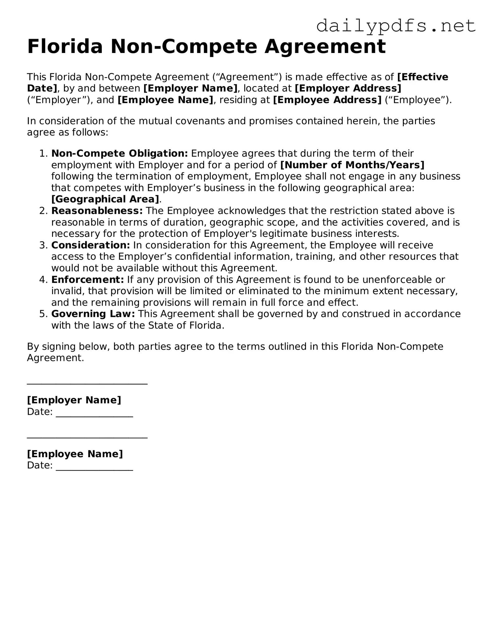 Free  Non-compete Agreement Template for Florida