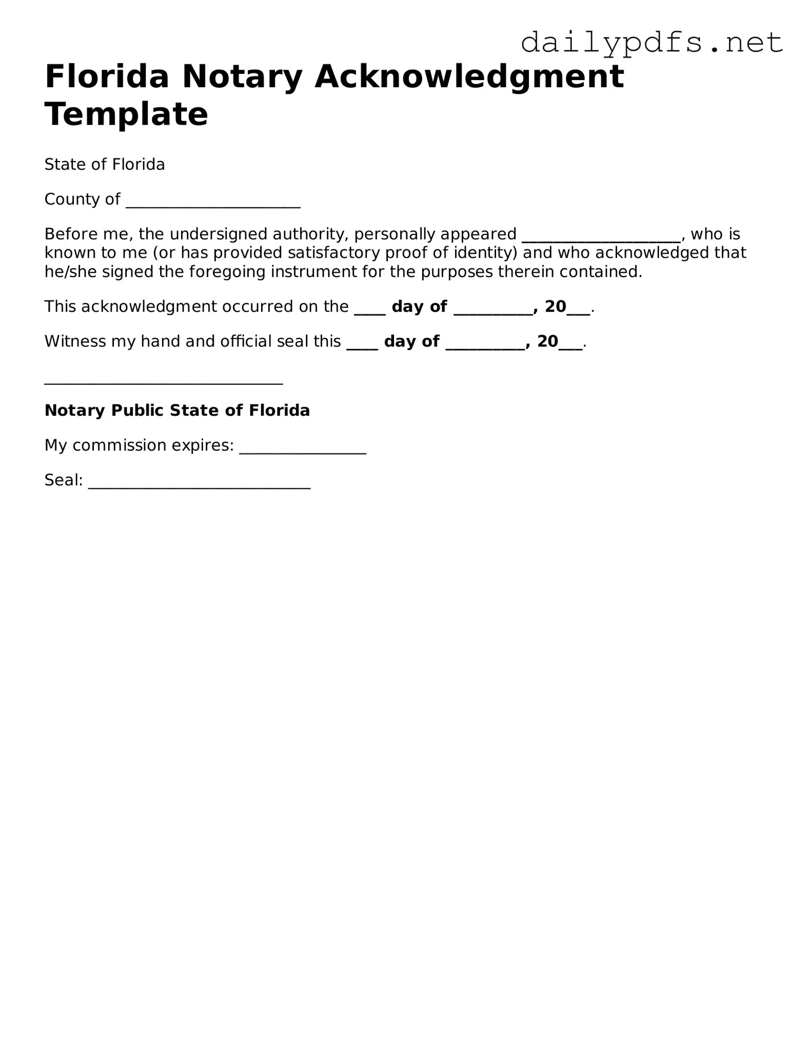 Free  Notary Acknowledgement Template for Florida