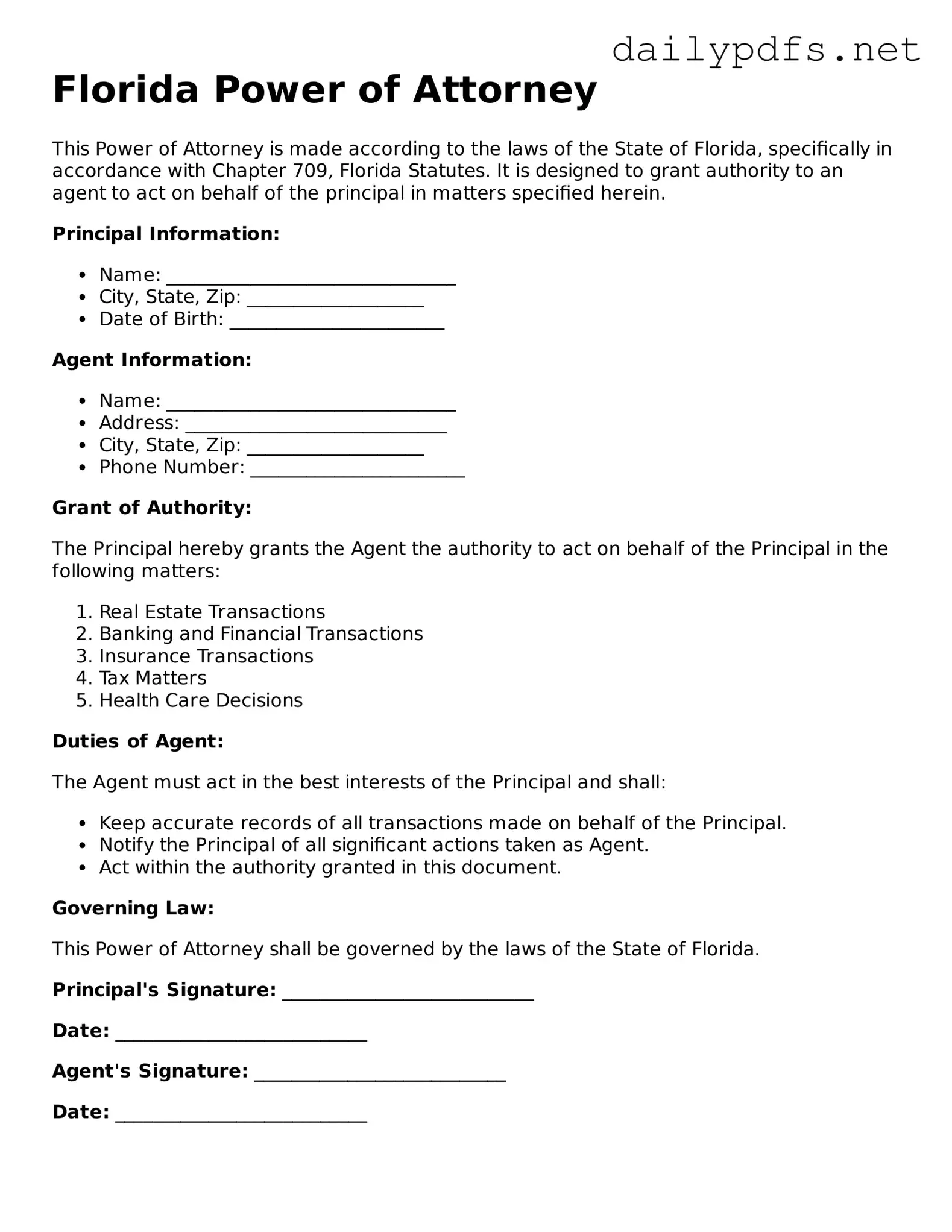 Free  Power of Attorney Template for Florida