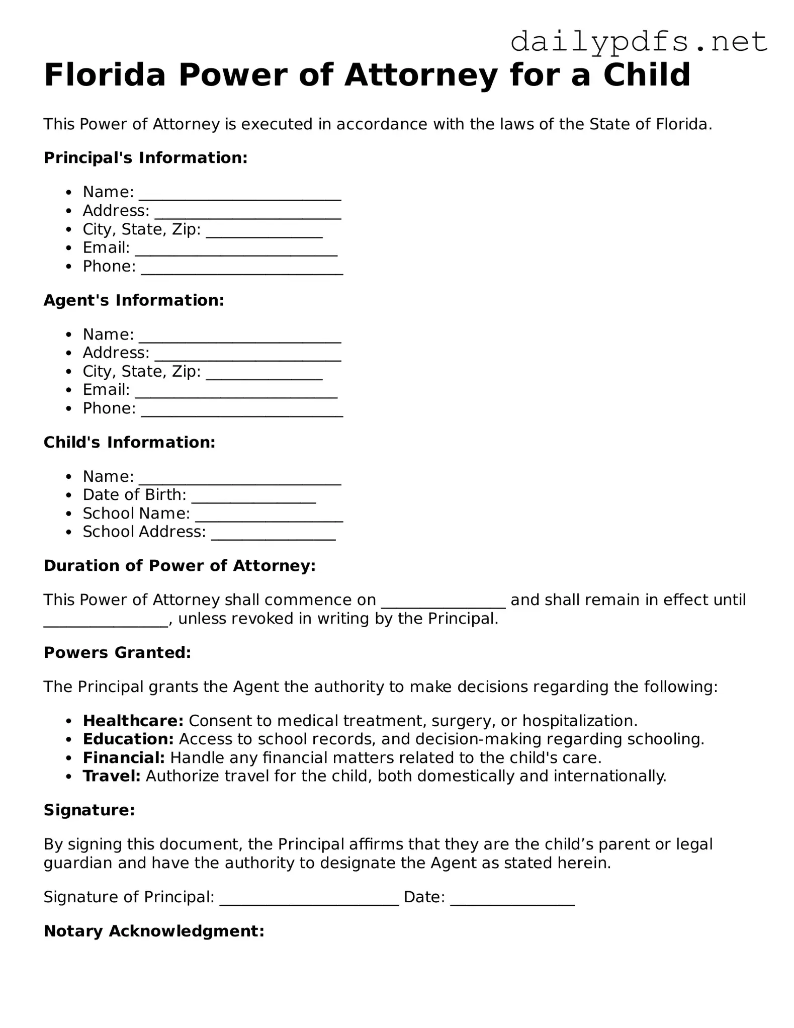 Free  Power of Attorney for a Child Template for Florida