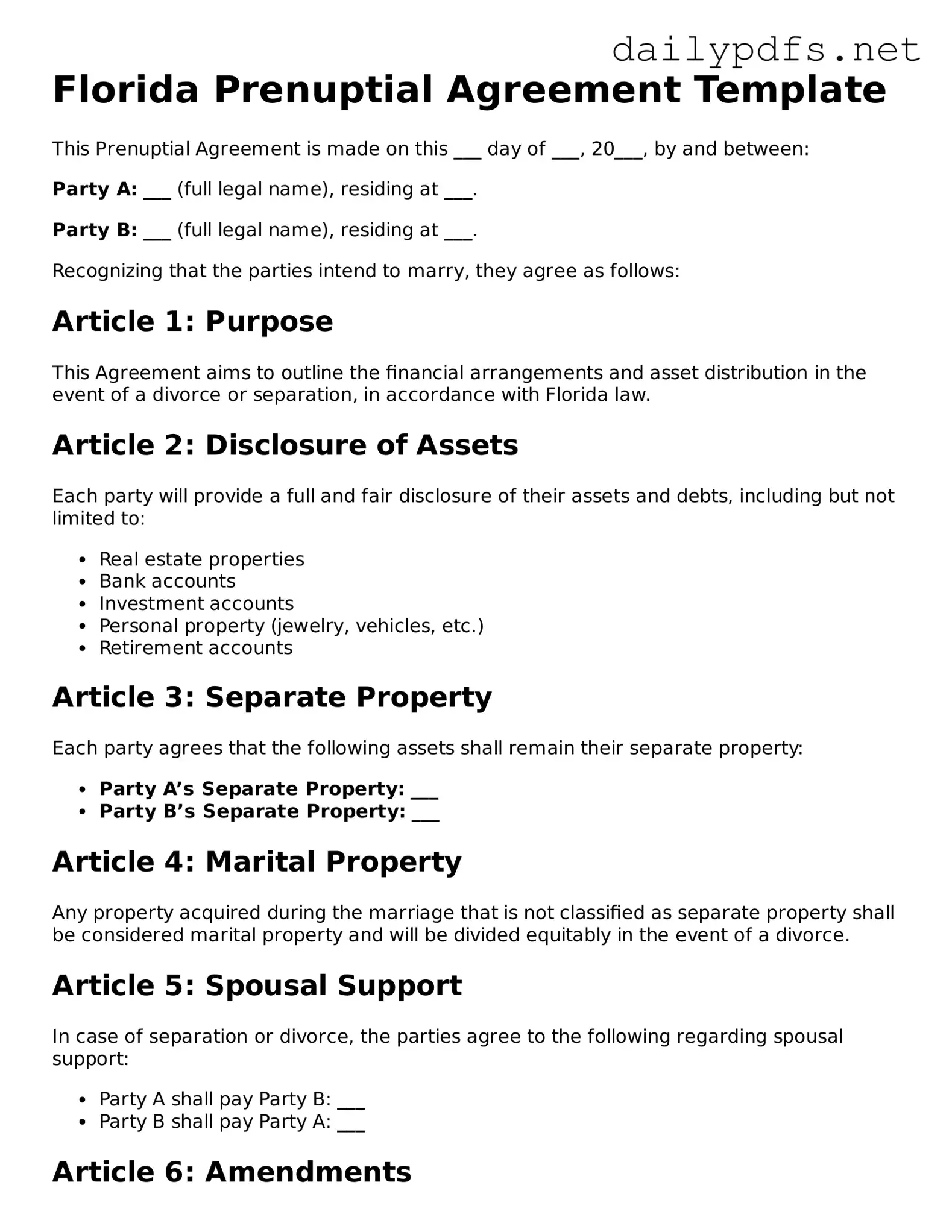 Free  Prenuptial Agreement Template for Florida