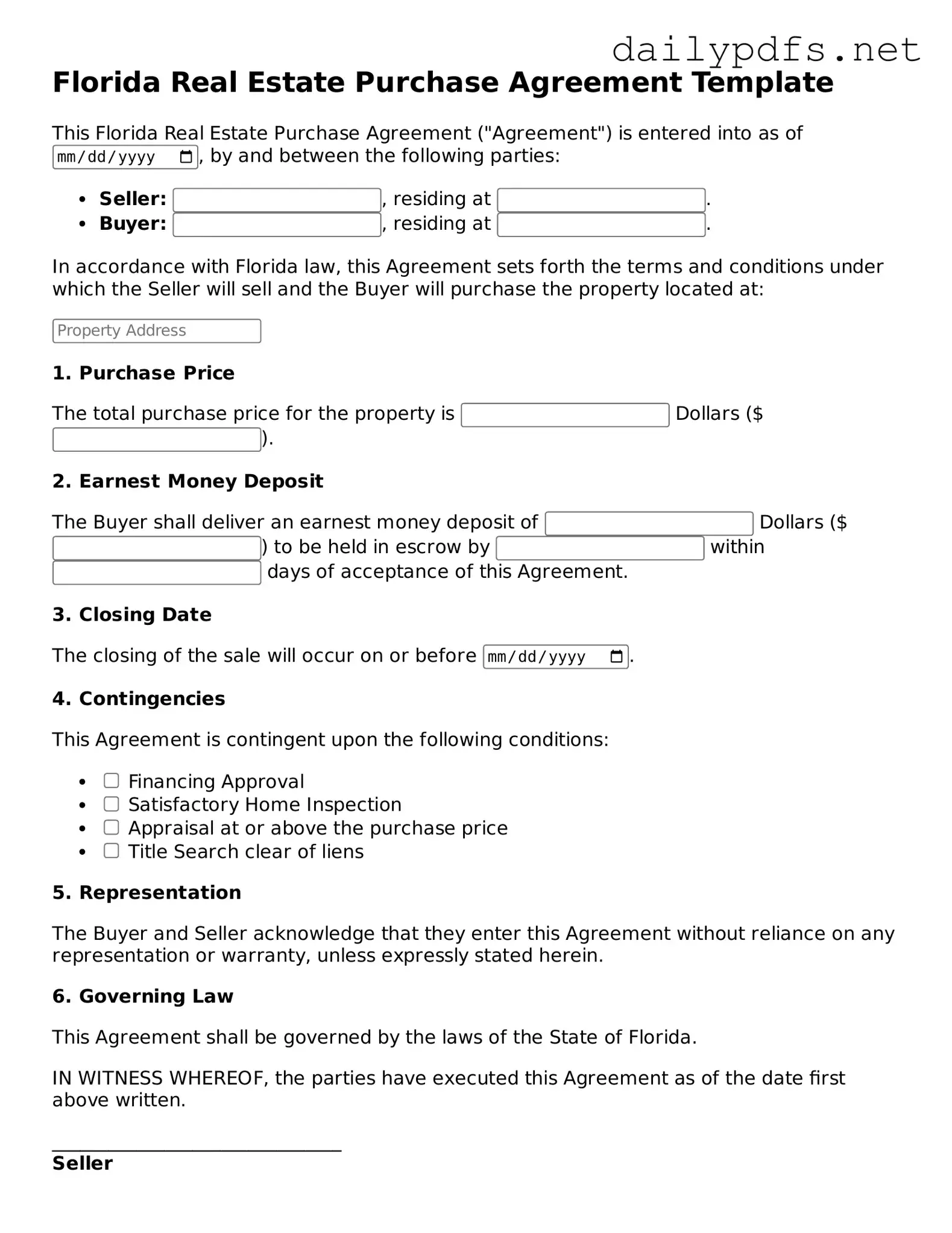 Free  Real Estate Purchase Agreement Template for Florida