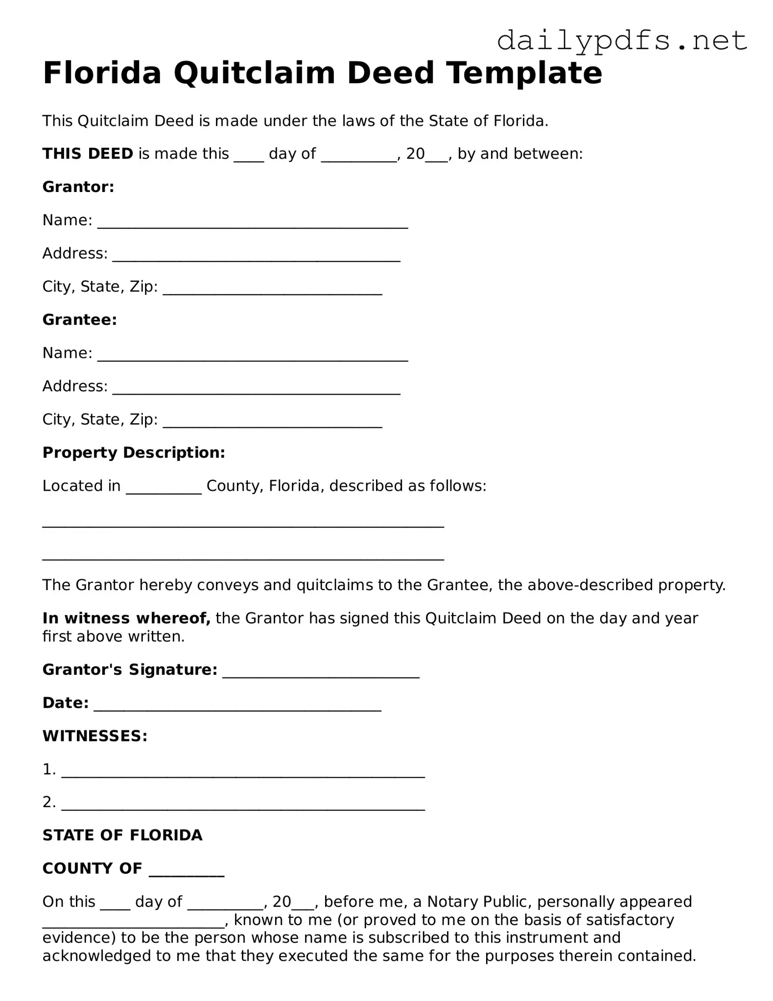 Free  Quitclaim Deed Template for Florida