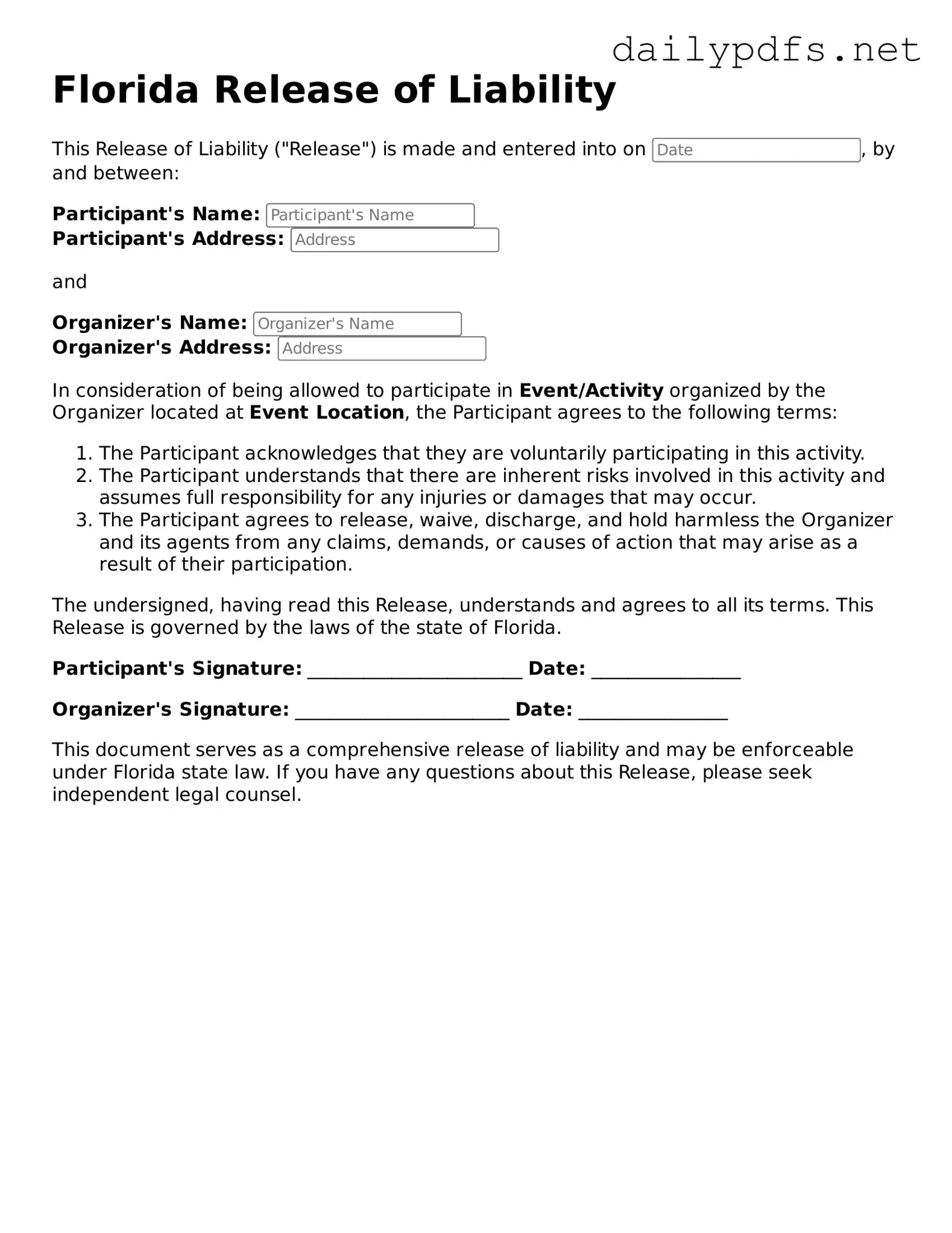 Free  Release of Liability Template for Florida