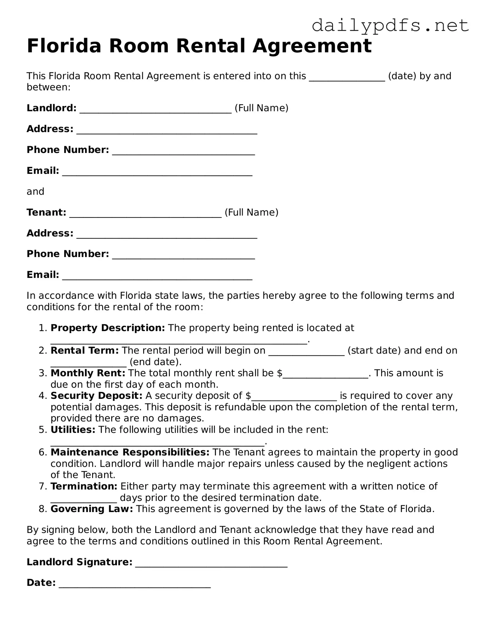 Free  Room Rental Agreement Template for Florida