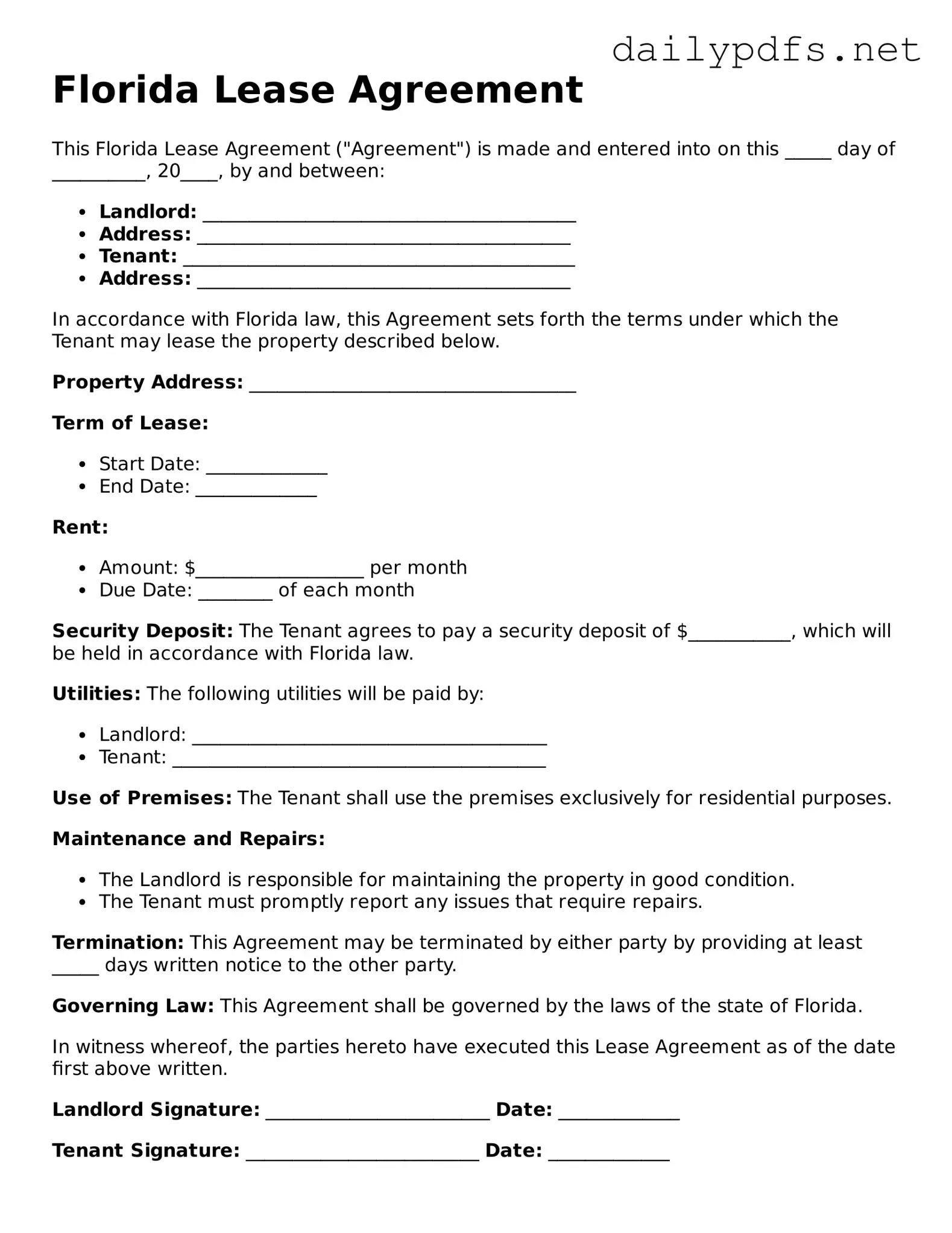 Free  Lease Agreement Template for Florida