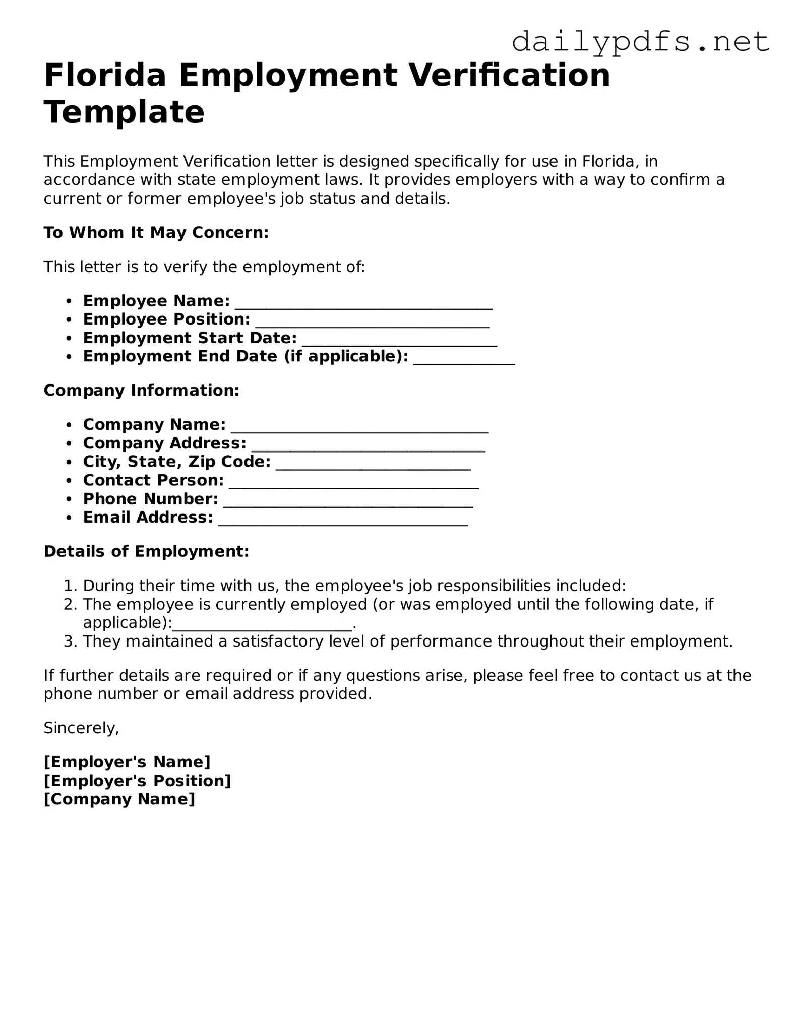Free  Employment Verification Template for Florida