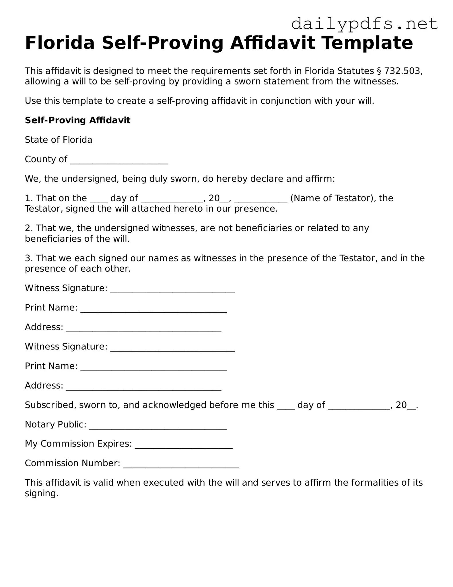 Free  Self-Proving Affidavit Template for Florida