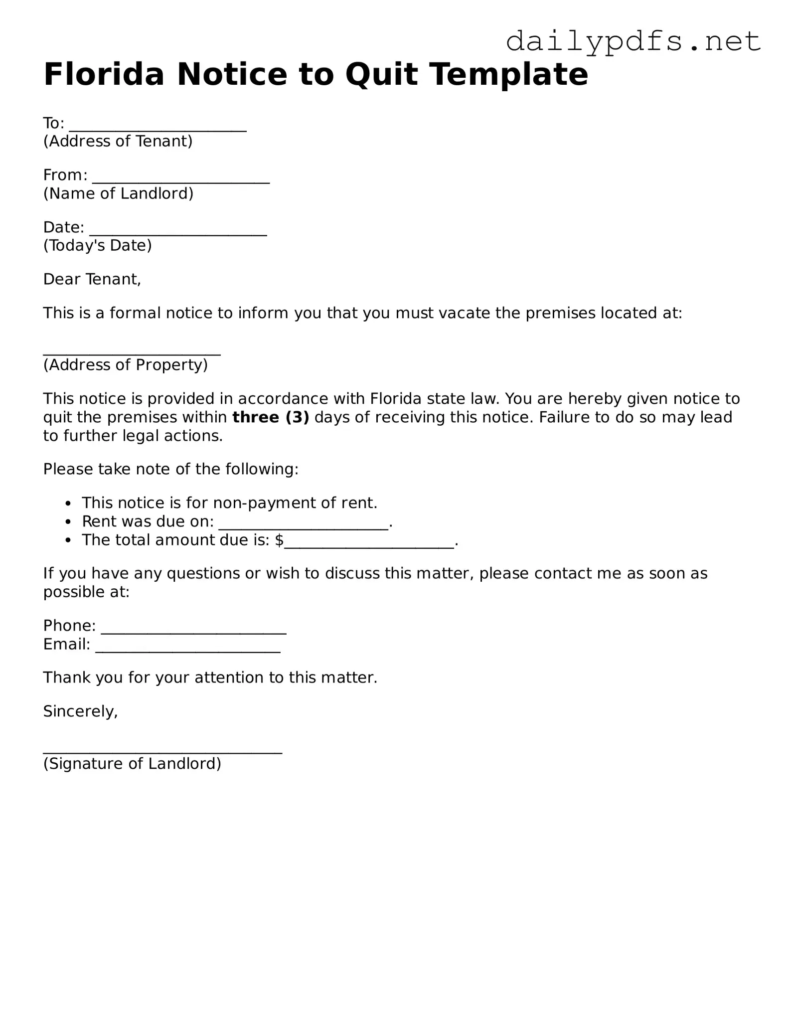 Free  Notice to Quit Template for Florida