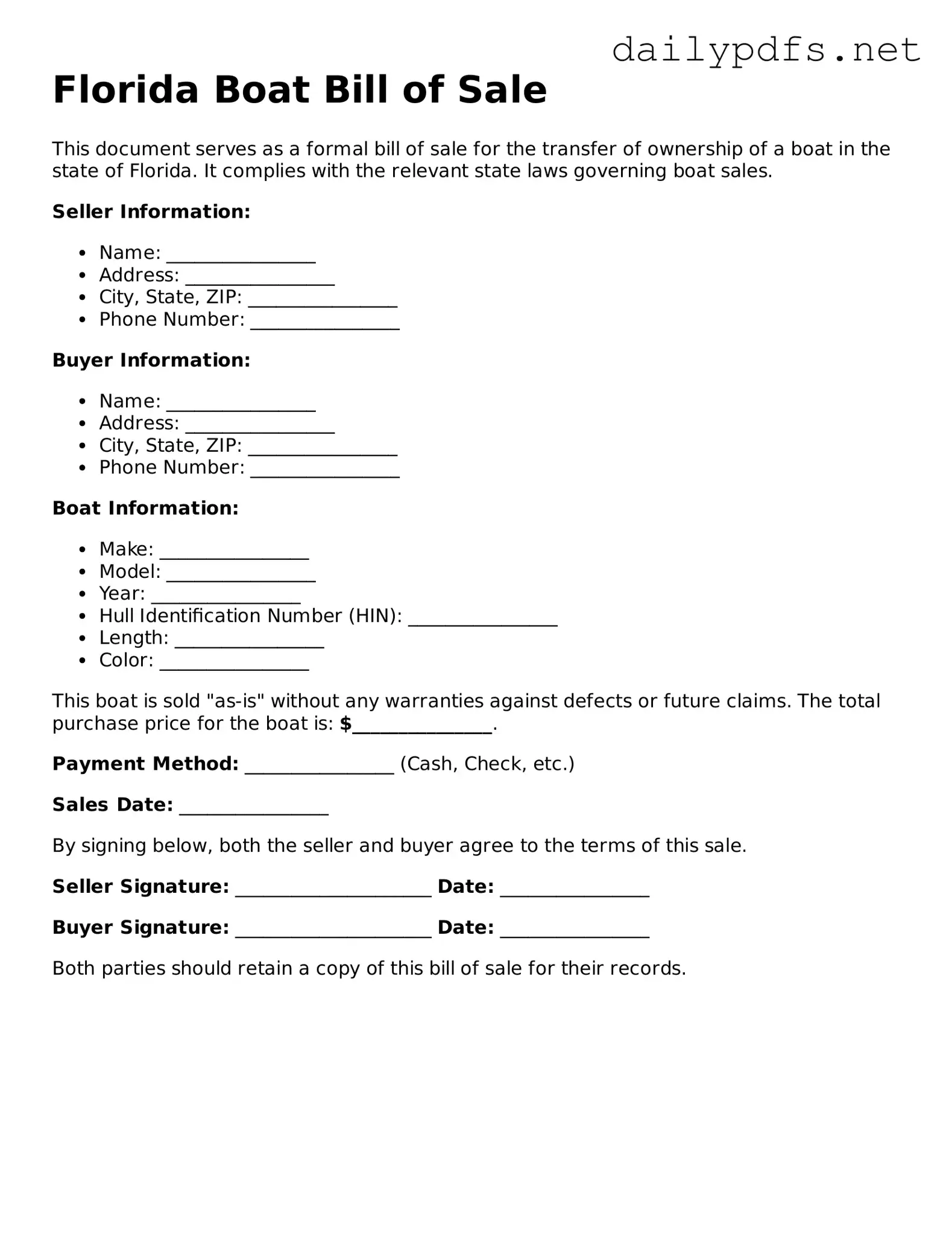Free  Boat Bill of Sale Template for Florida