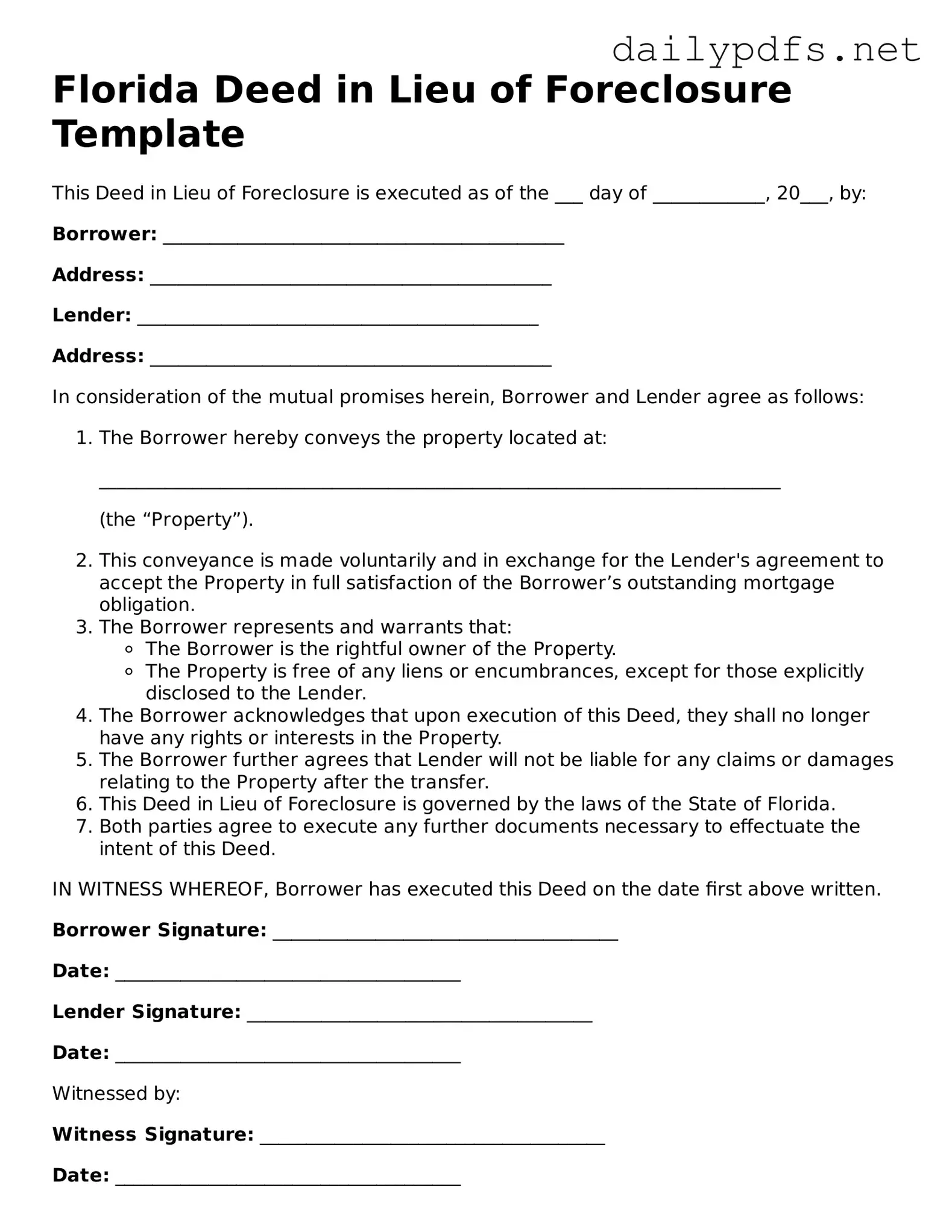 Free  Deed in Lieu of Foreclosure Template for Florida
