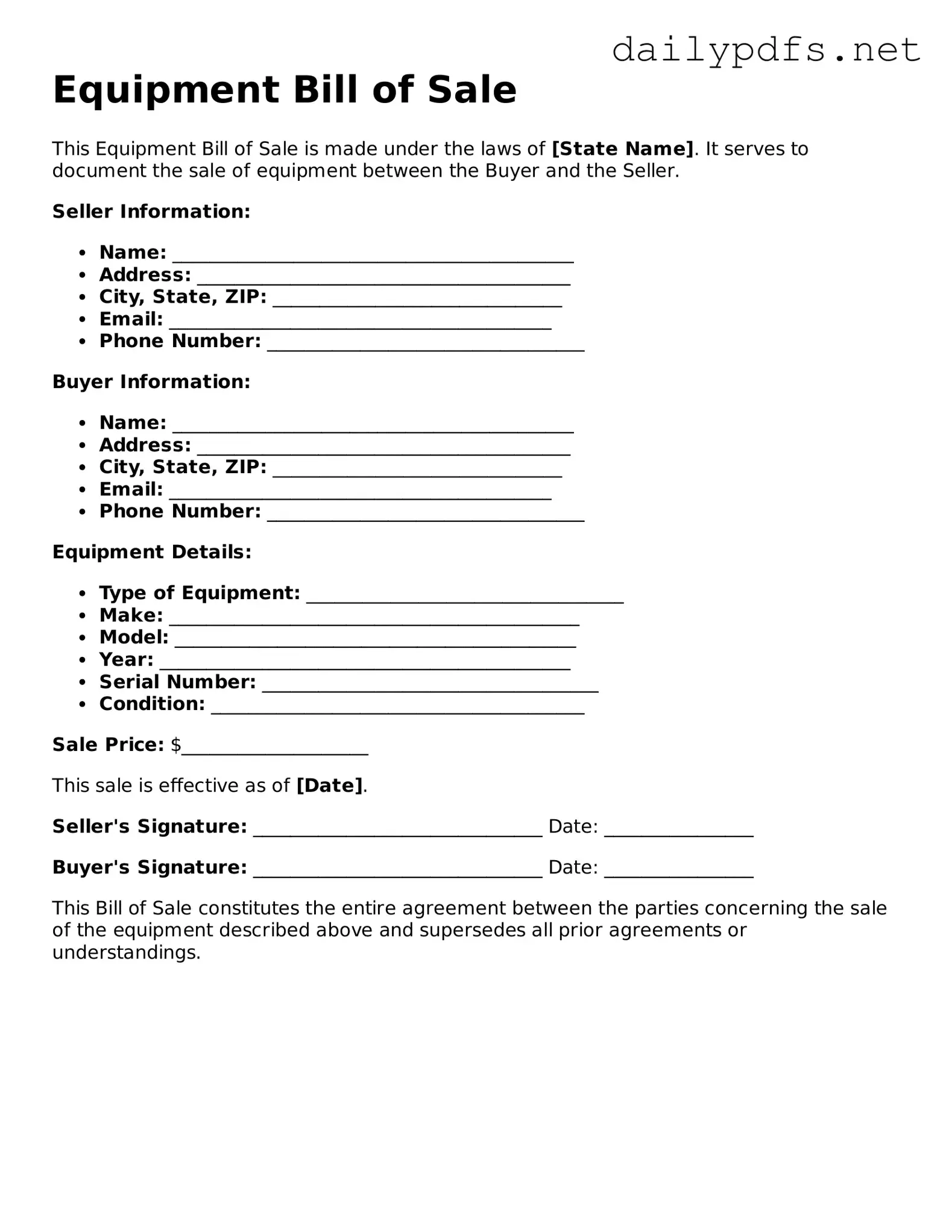 Printable Equipment Bill of Sale Document