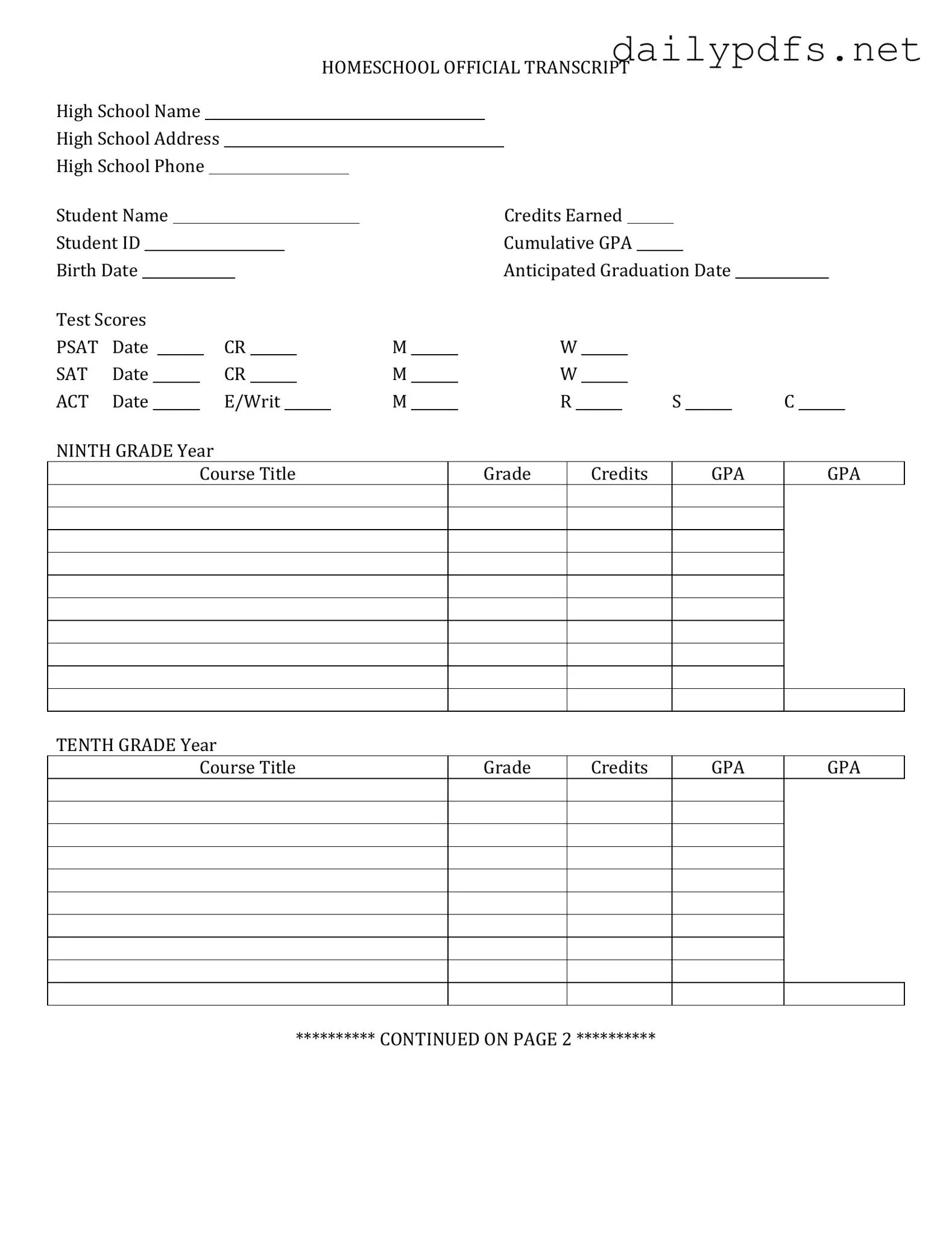 Fill Out Your High School Transcript Form