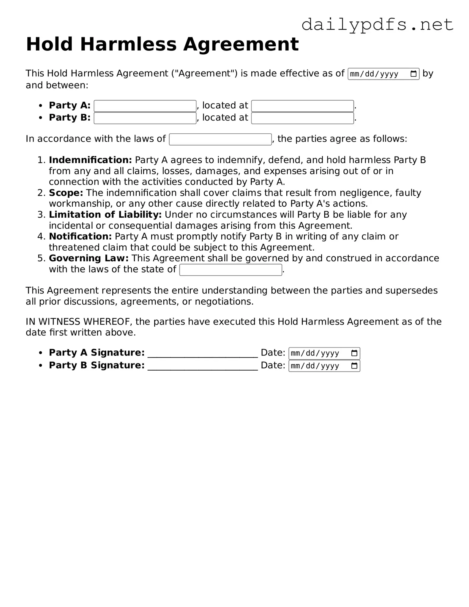 Printable Hold Harmless Agreement Document