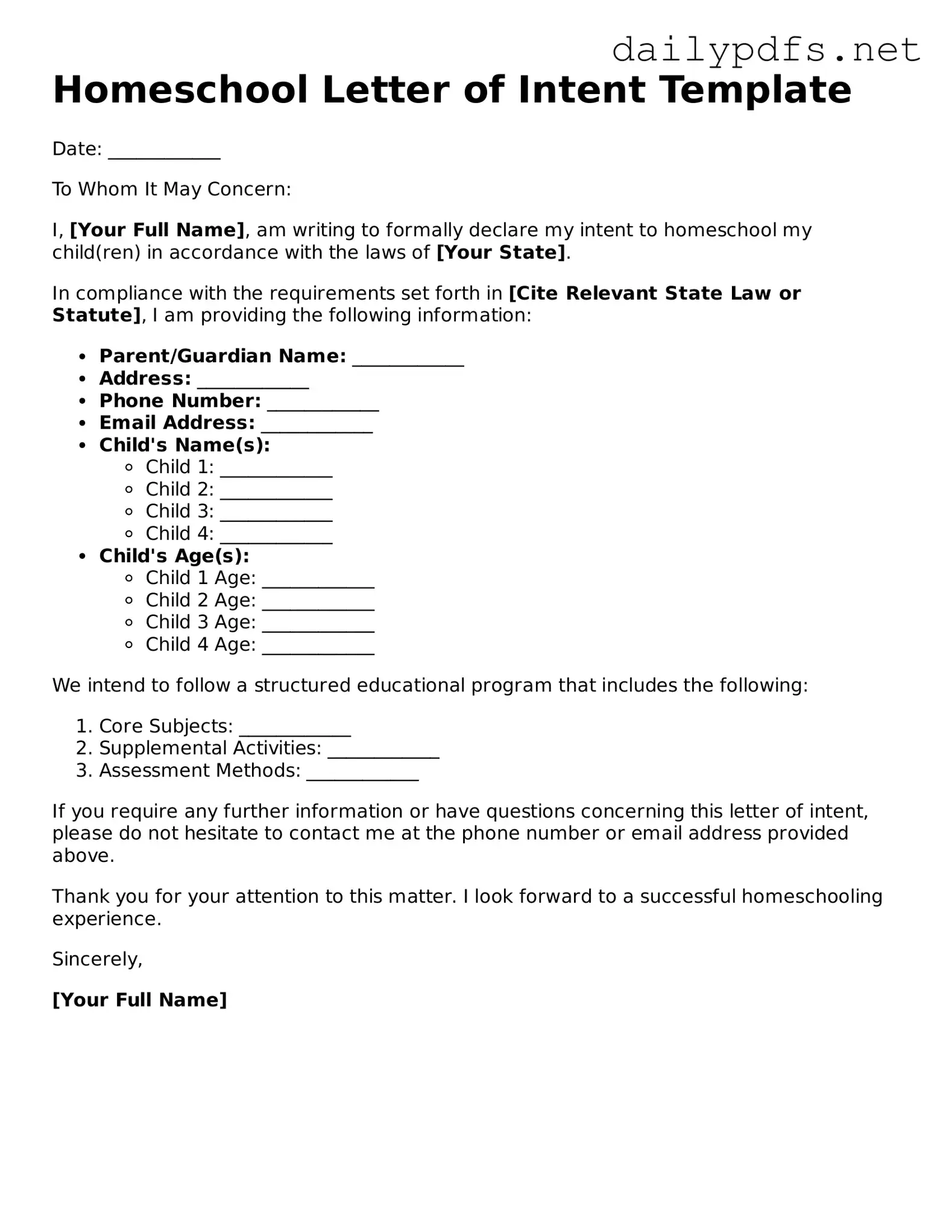 Printable Homeschool Letter of Intent Document