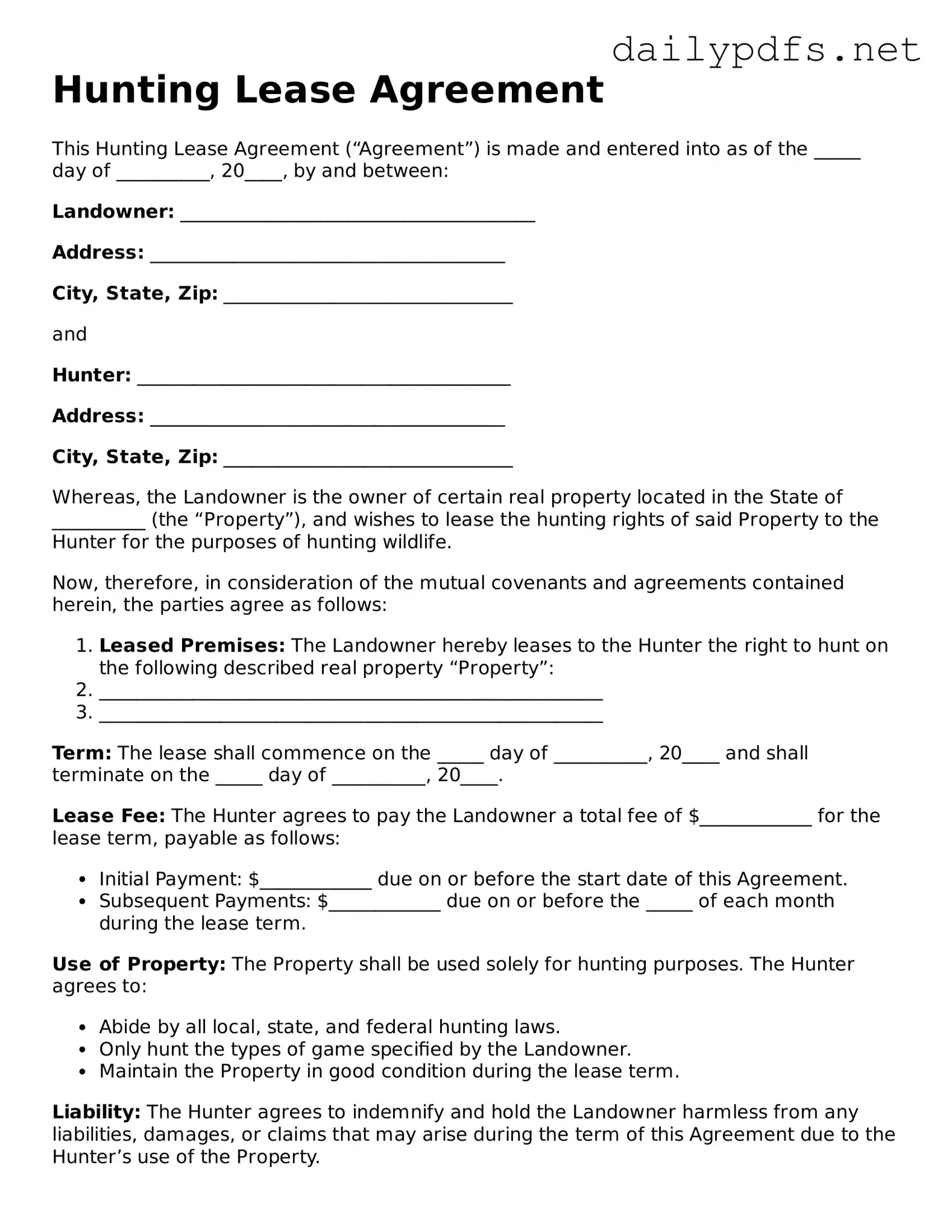 Printable Hunting Lease Agreement Document