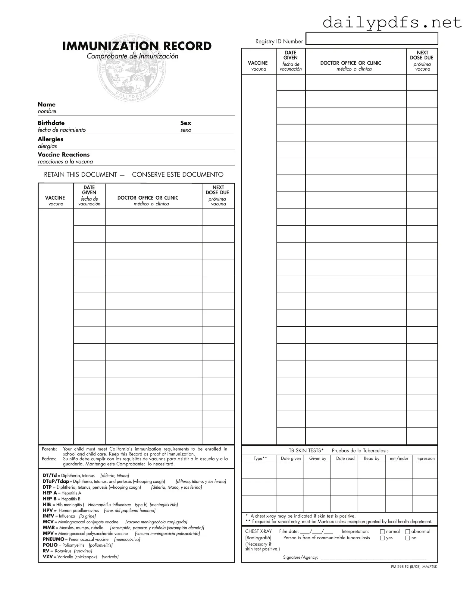 Fill Out Your Immunization Record Form