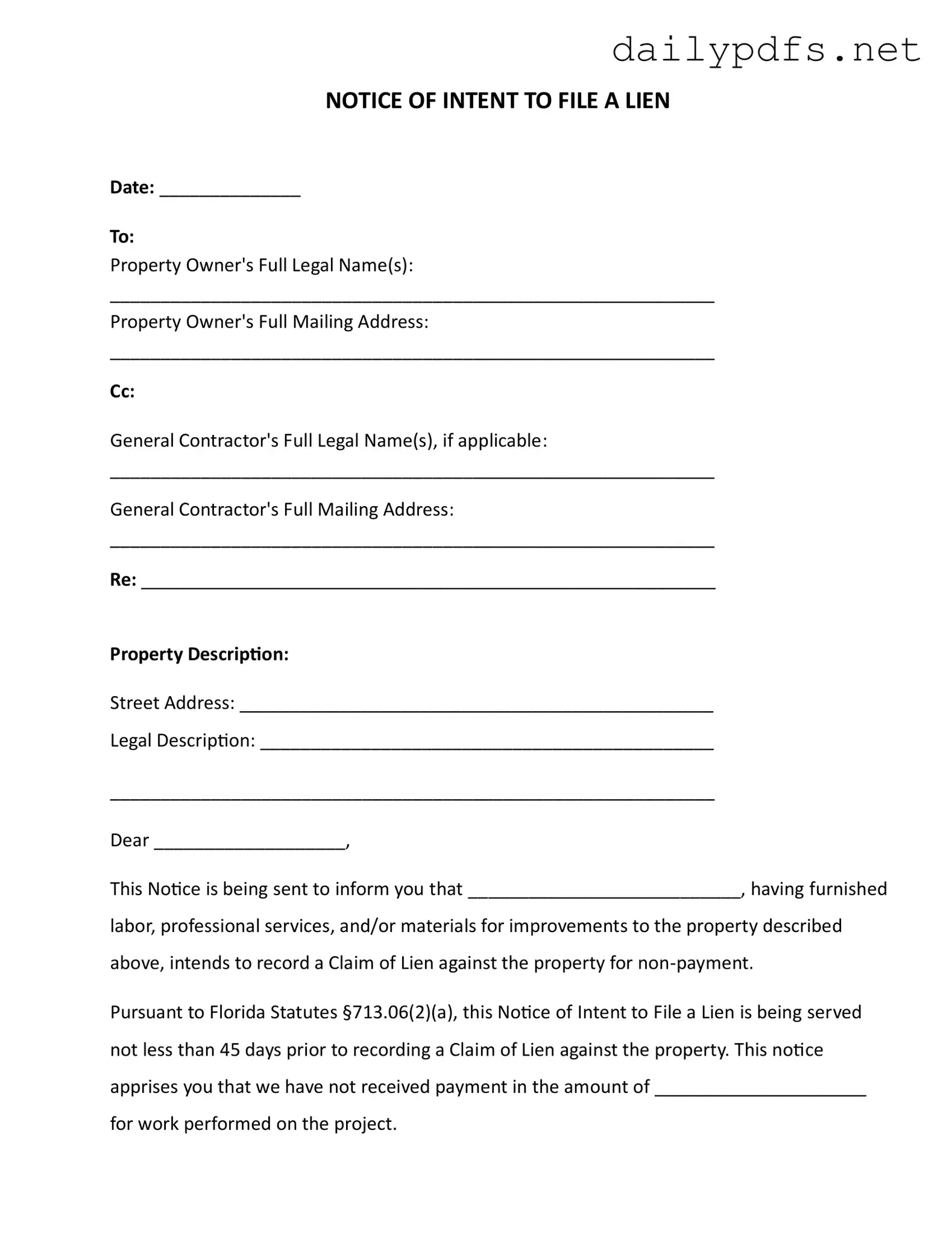 Fill Out Your Intent To Lien Florida Form