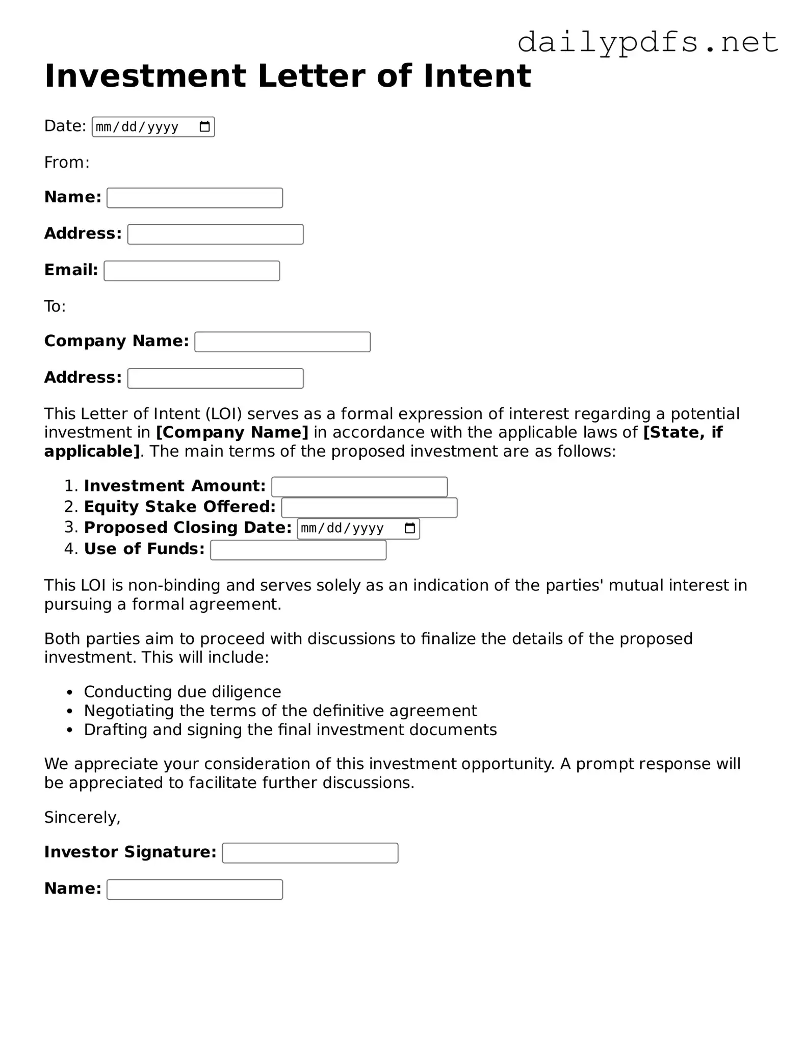 Printable Investment Letter of Intent Document