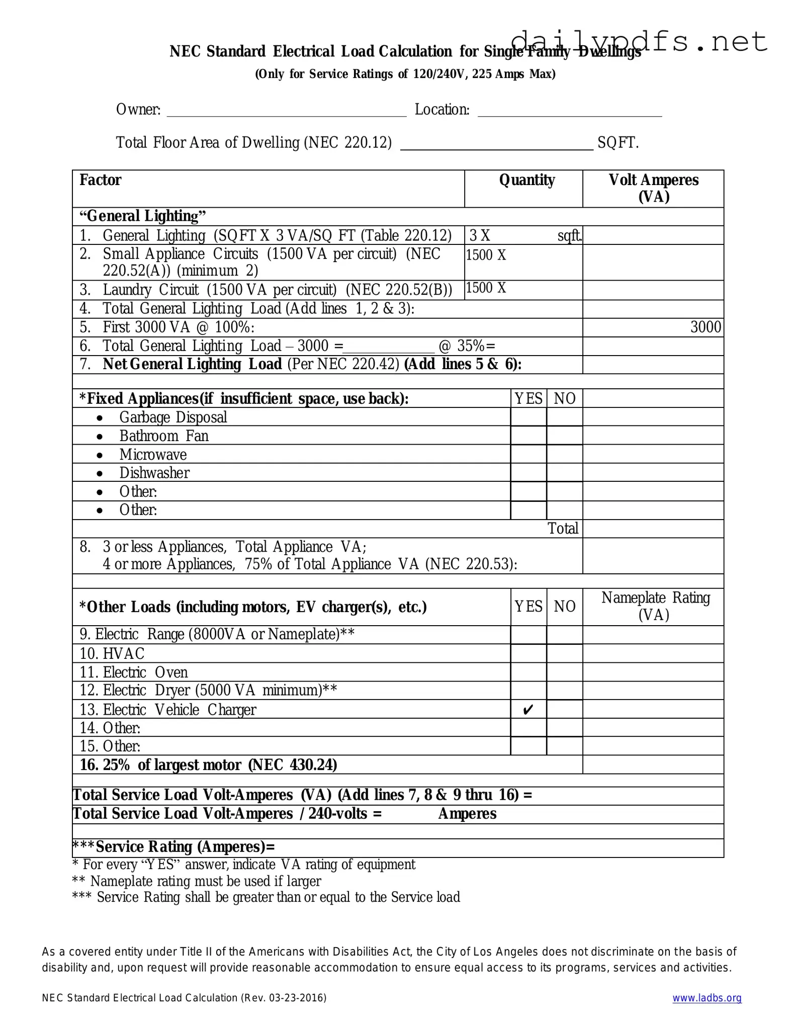 Fill Out Your LADBS NEC Standard Electrical Load Calculation Form