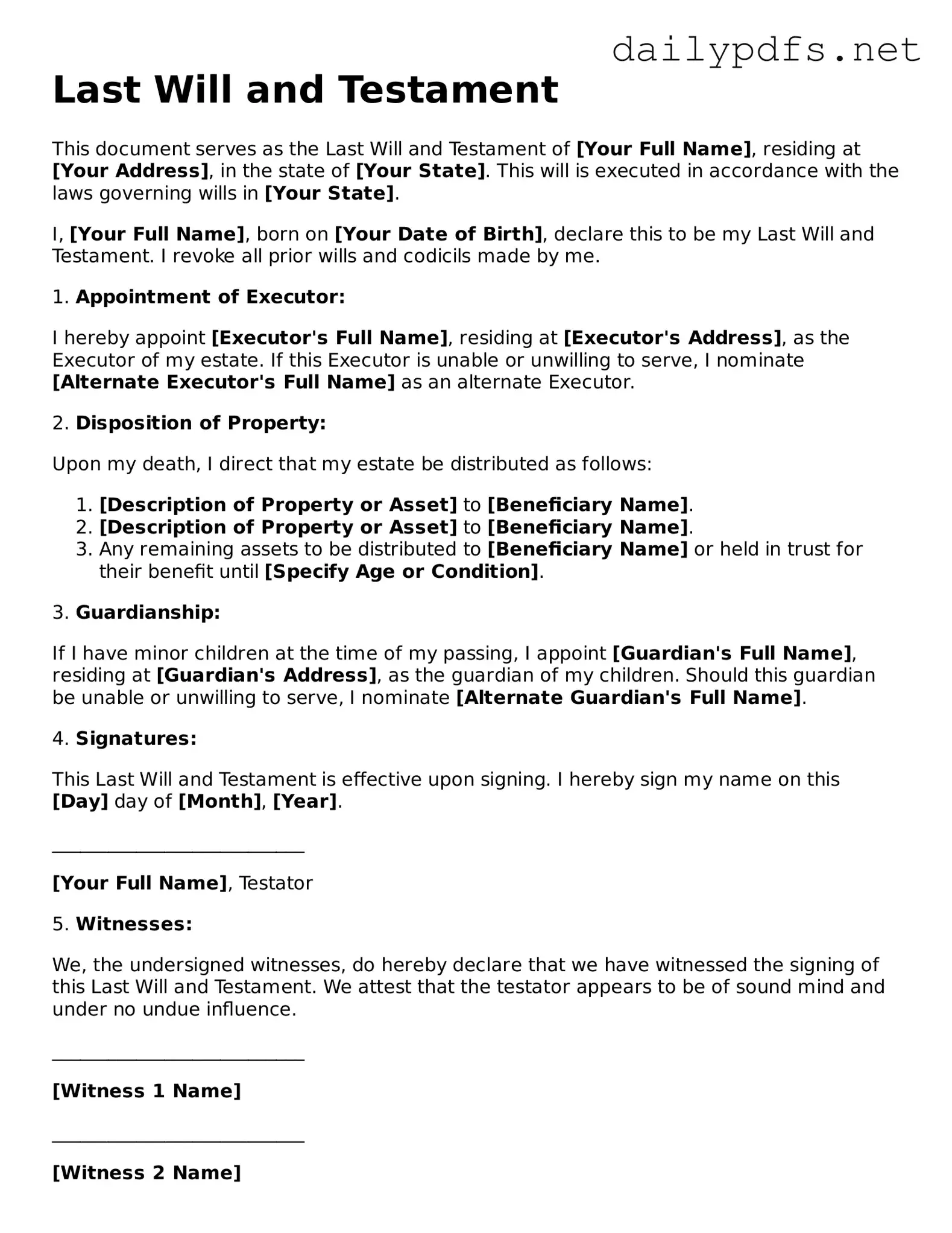 Printable Last Will and Testament Document