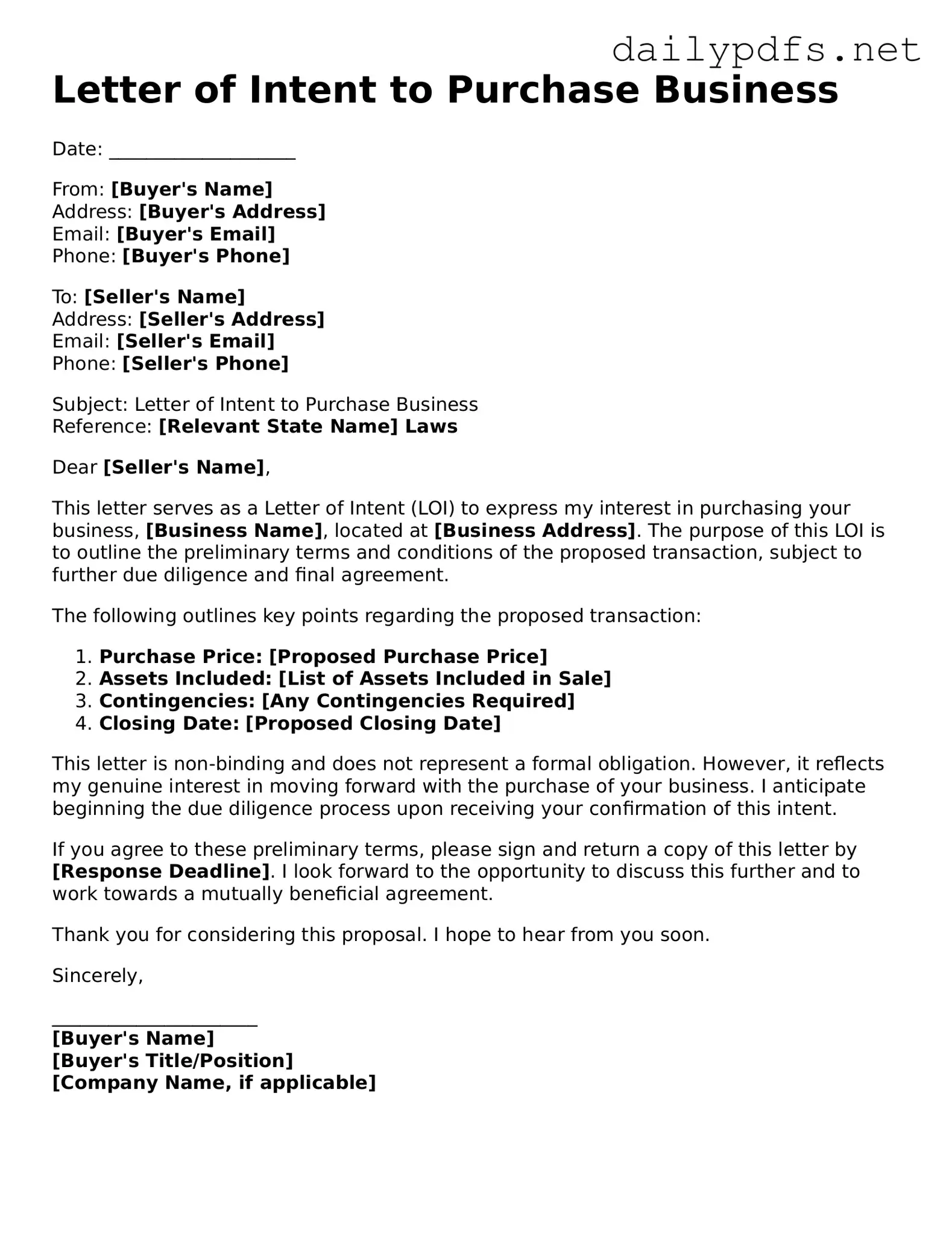 Printable Letter of Intent to Purchase Business Document