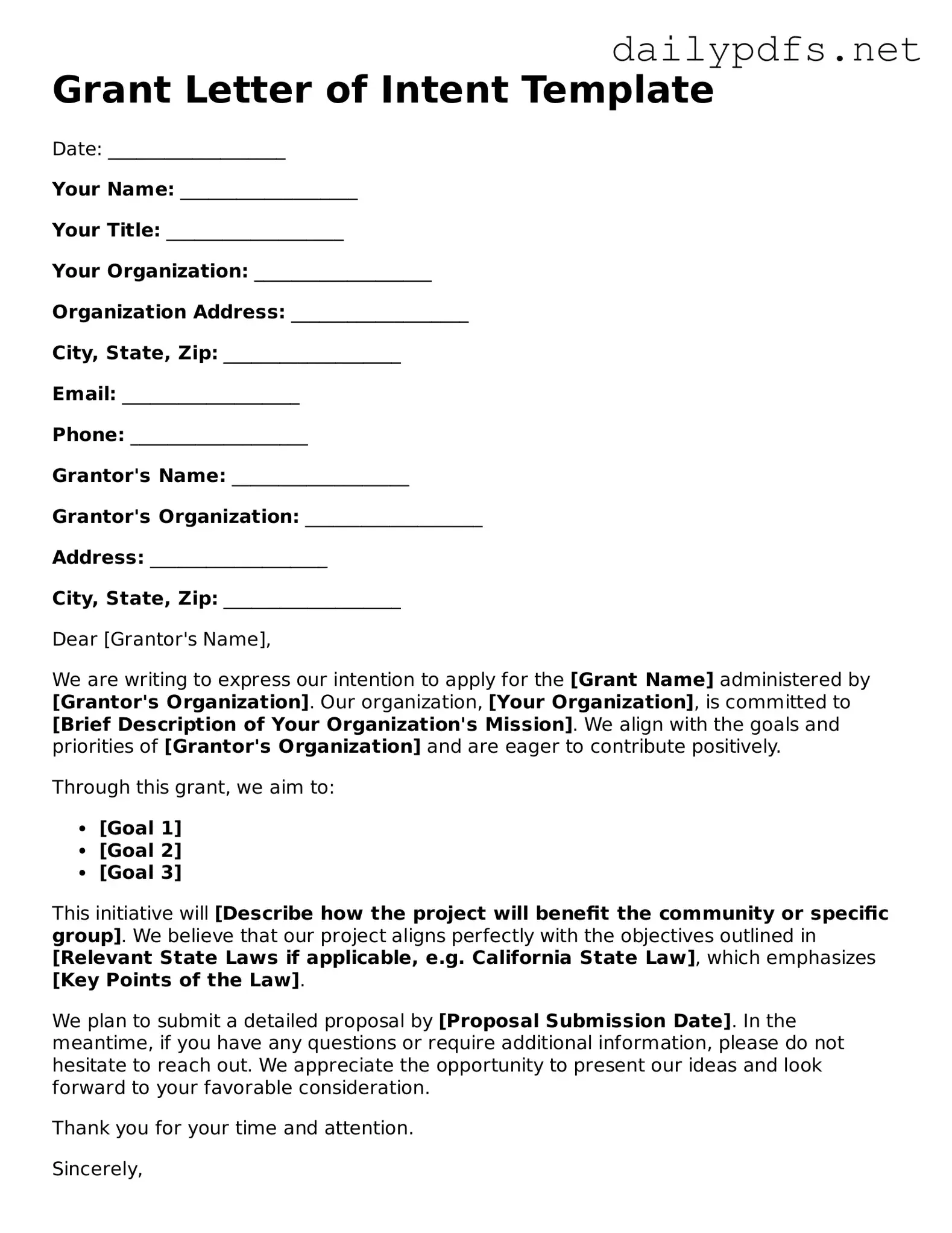 Printable Grant Letter of Intent Document