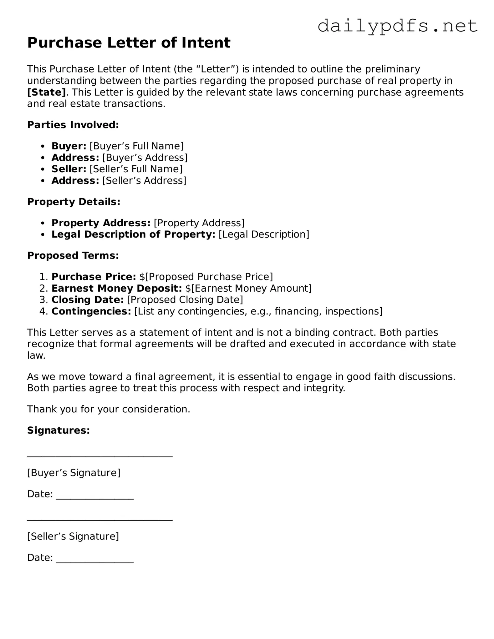 Printable Purchase Letter of Intent Document