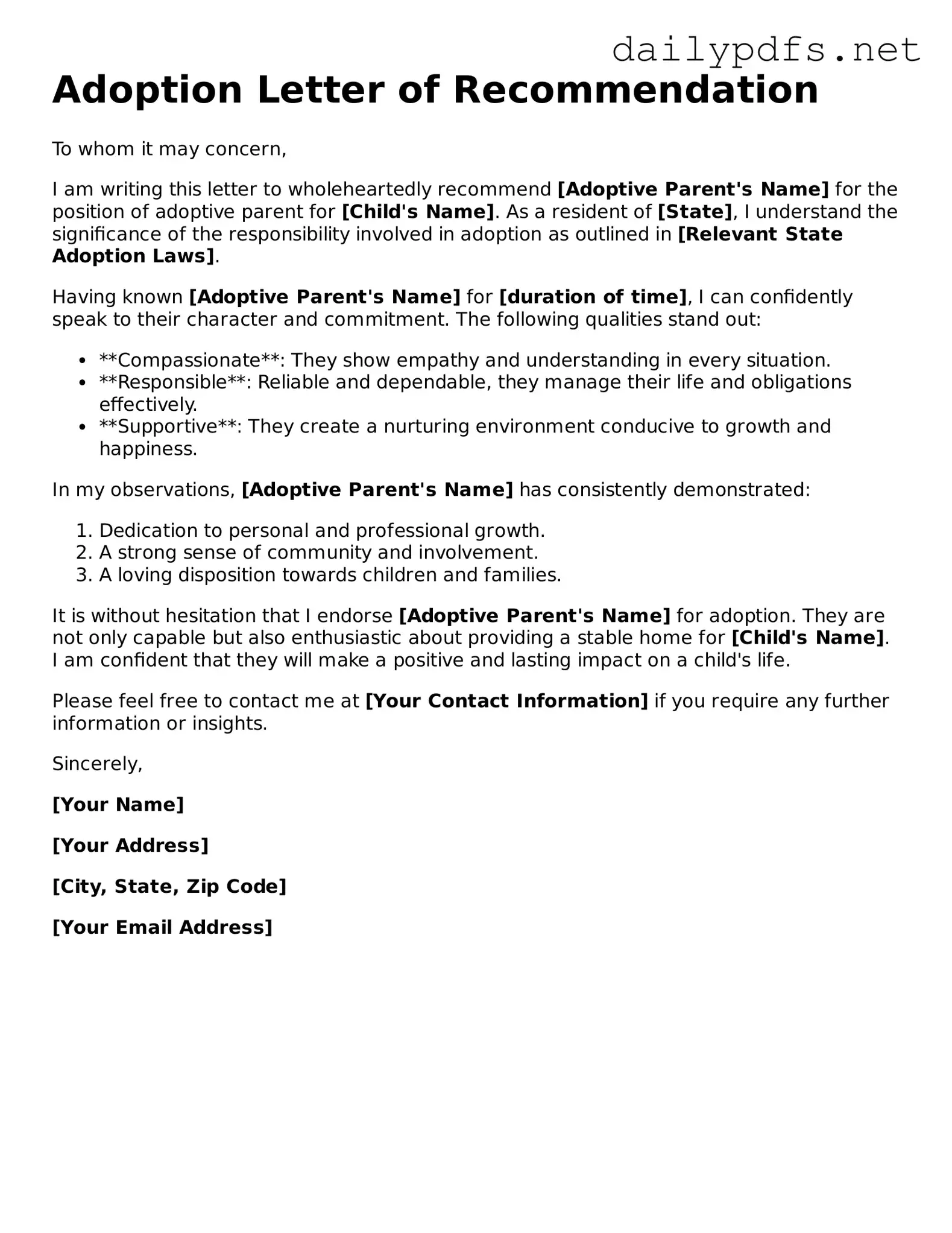 Printable Adoption Letter of Recommendation Document