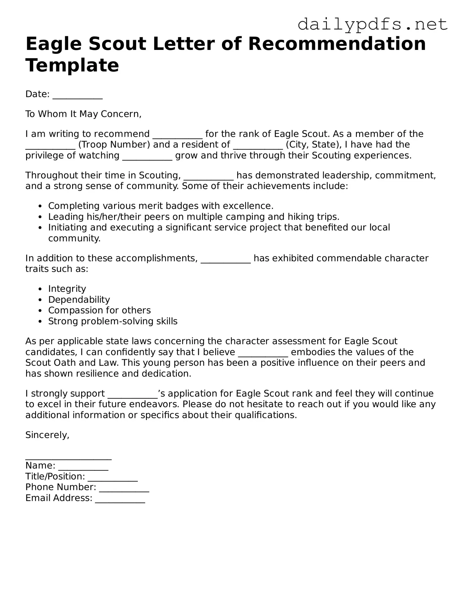 Printable Eagle Scout Letter of Recommendation Document