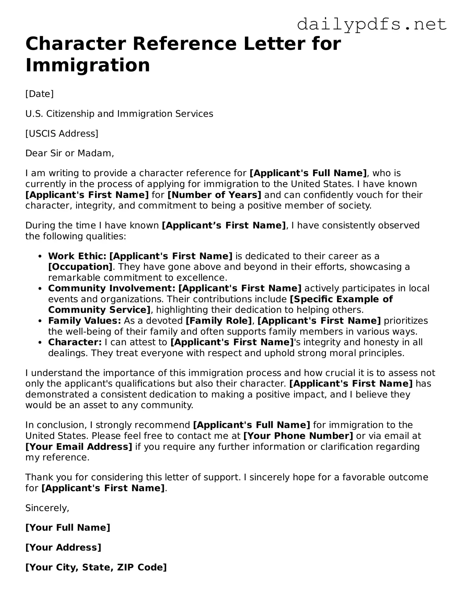 Printable Character Reference Letter for Immigration Document