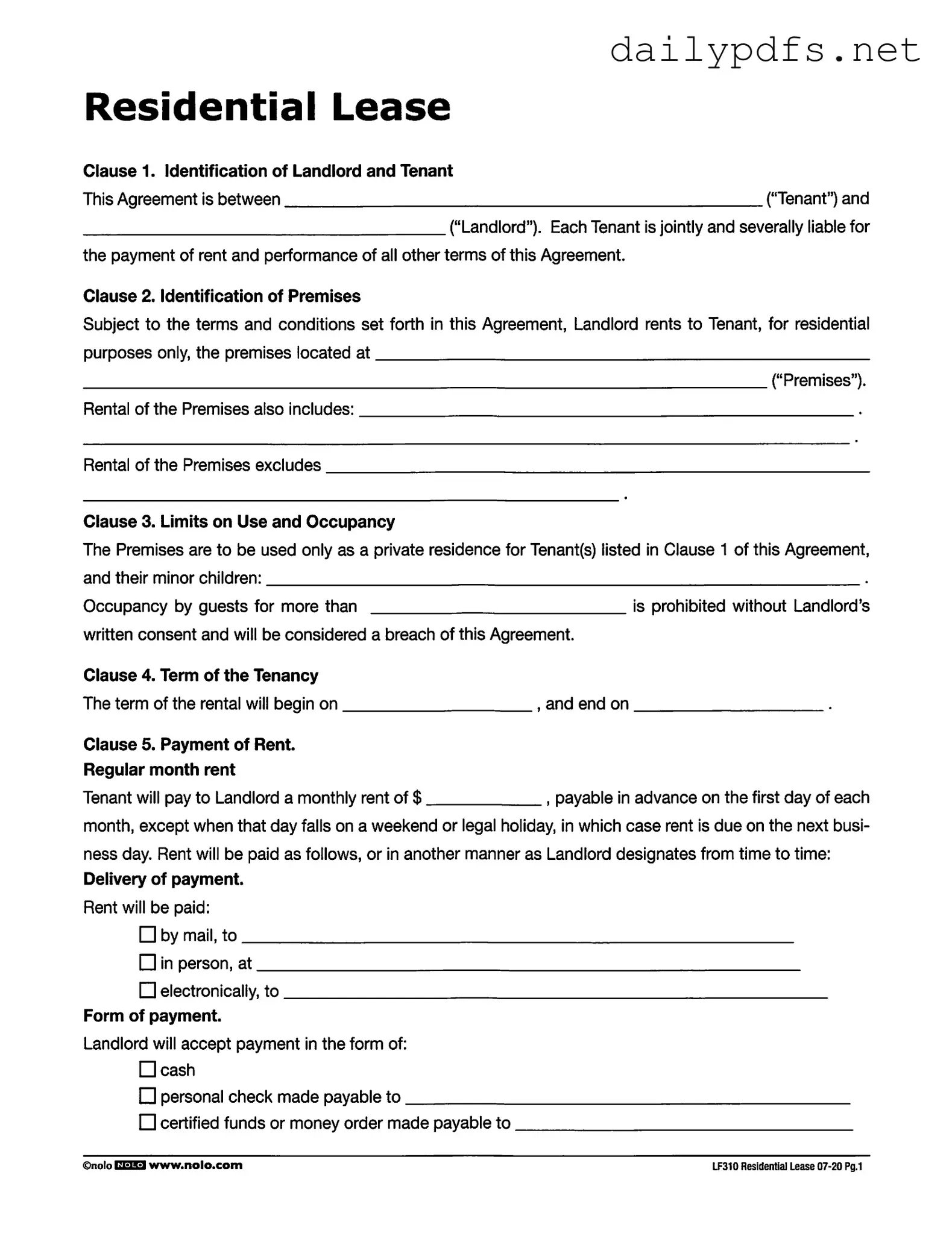 Fill Out Your Lf310 Residential Lease Form