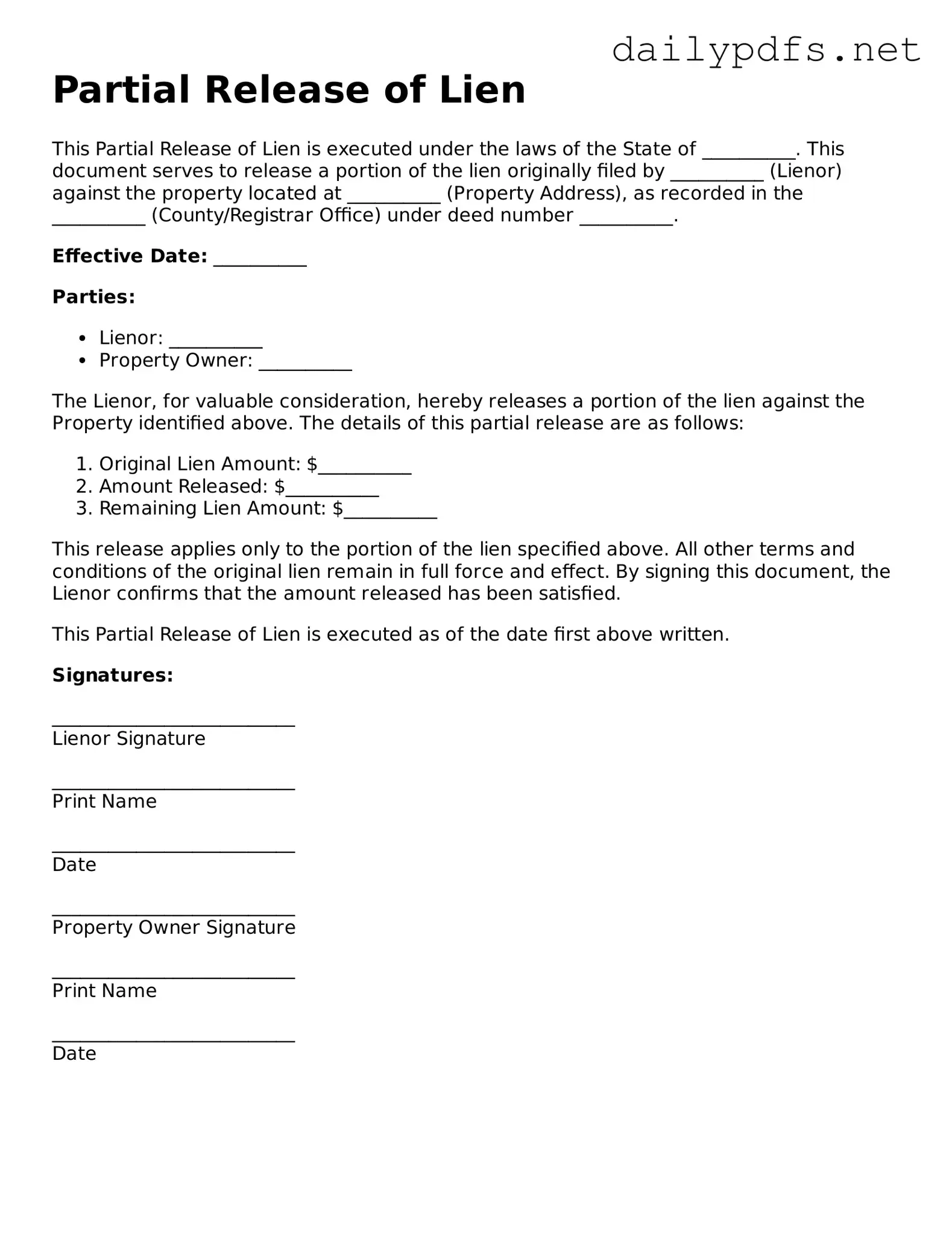 Printable Partial Release of Lien Document