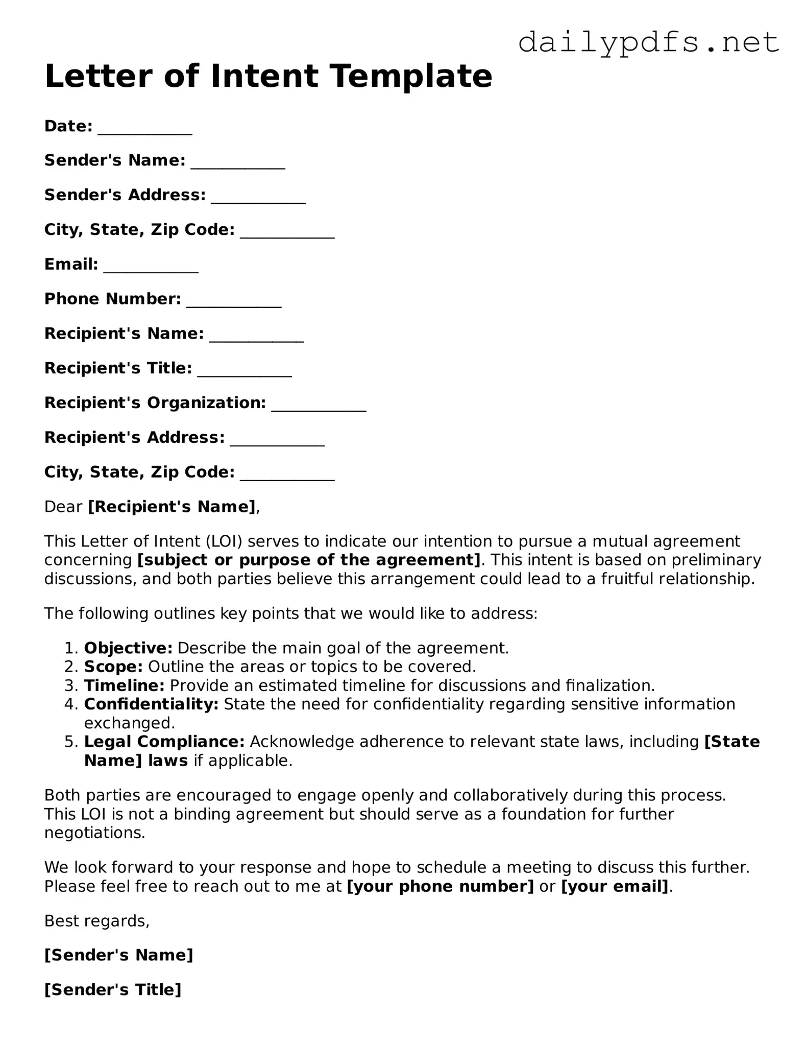 Printable Letter of Intent Document