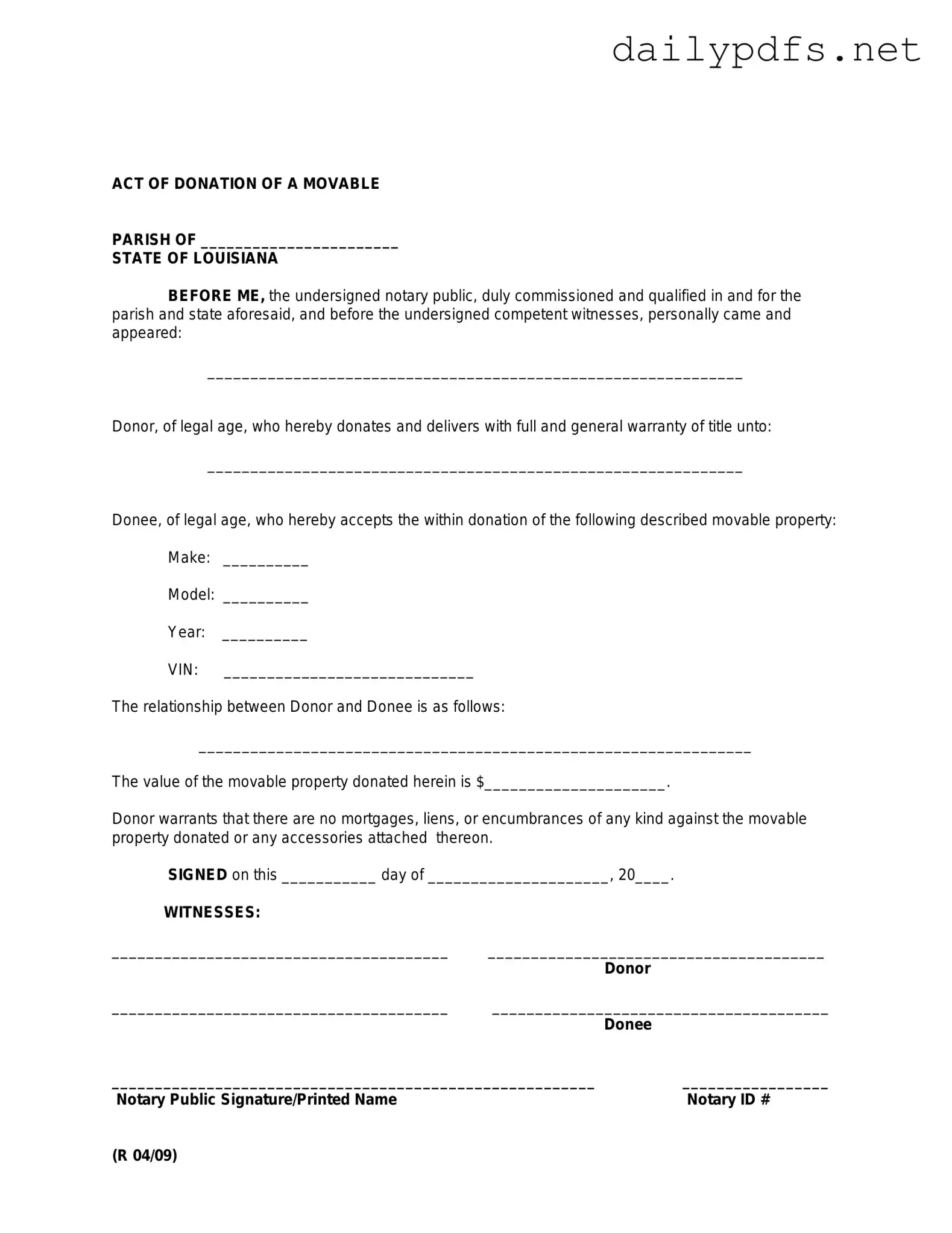 Fill Out Your Louisiana act of donation Form